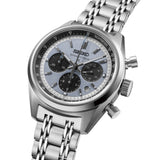 From this angle, the Seiko Prospex Speedtimer Men’s 42mm Watch HBD001J shows the sky blue dial, black registers and tachymeter scale together with the stainless steel case and bracelet.