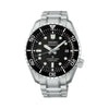 The Seiko Prospex Marinemaster HBF001J features a textured black dial with "MARINEMASTER" branding, LumiBrite hands and indices, and a date window. The 42.60mm stainless steel case is fitted with a black ceramic unidirectional bezel.