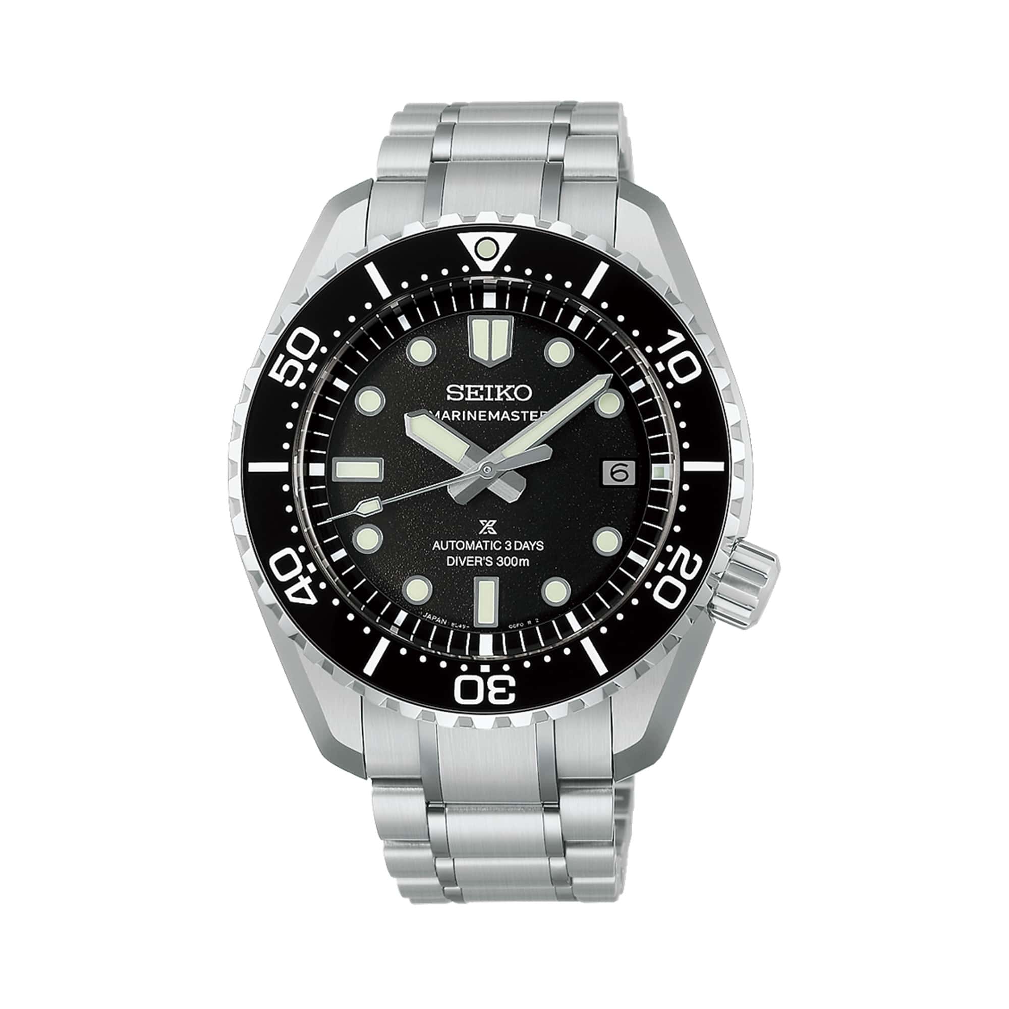 The Seiko Prospex Marinemaster HBF001J features a textured black dial with "MARINEMASTER" branding, LumiBrite hands and indices, and a date window. The 42.60mm stainless steel case is fitted with a black ceramic unidirectional bezel.