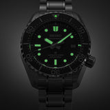 The Seiko Prospex Marinemaster Automatic Men's 42.60mm Watch HBF001J shows its LumiBrite-treated hands, indices and bezel pip glowing brightly in low light, designed for strong underwater and nighttime legibility.
