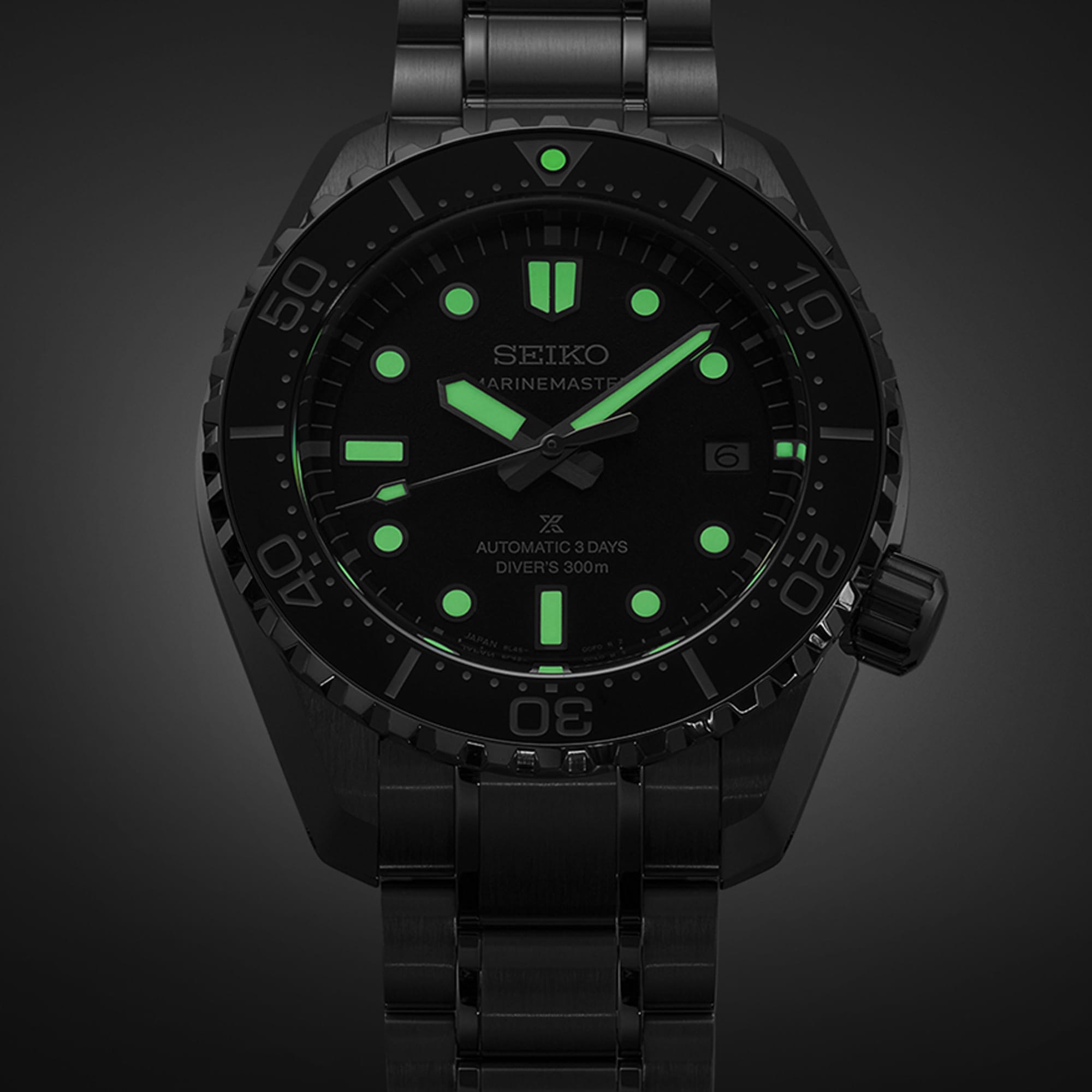 The Seiko Prospex Marinemaster Automatic Men's 42.60mm Watch HBF001J shows its LumiBrite-treated hands, indices and bezel pip glowing brightly in low light, designed for strong underwater and nighttime legibility.