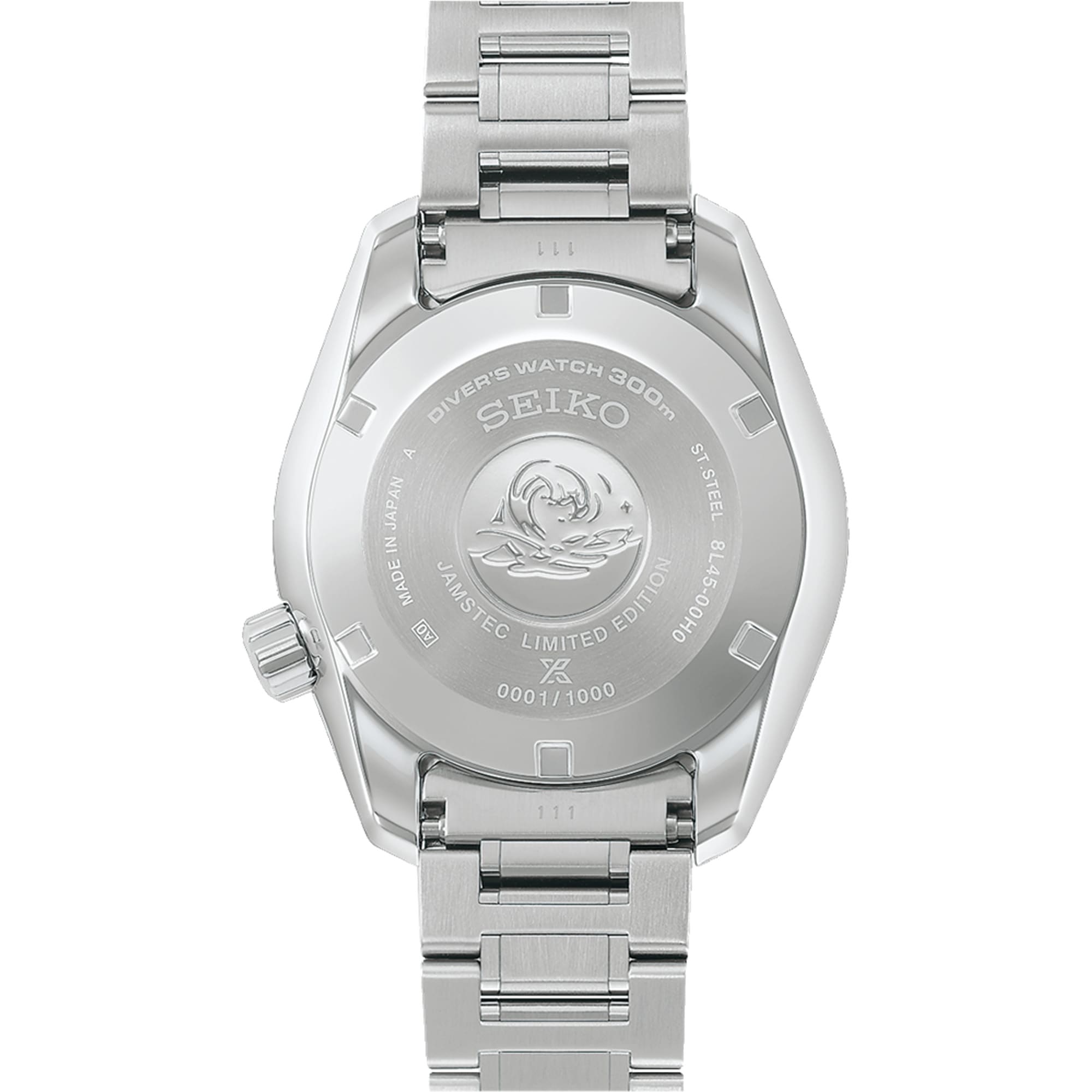 The Seiko Prospex Marinemaster JAMSTEC Limited Edition Men's 42.60mm Watch HBF002J is fitted with a stainless steel bracelet featuring a tool-less micro-adjustment clasp. The screw-down case back contributes to the watch's 300m water resistance rating.