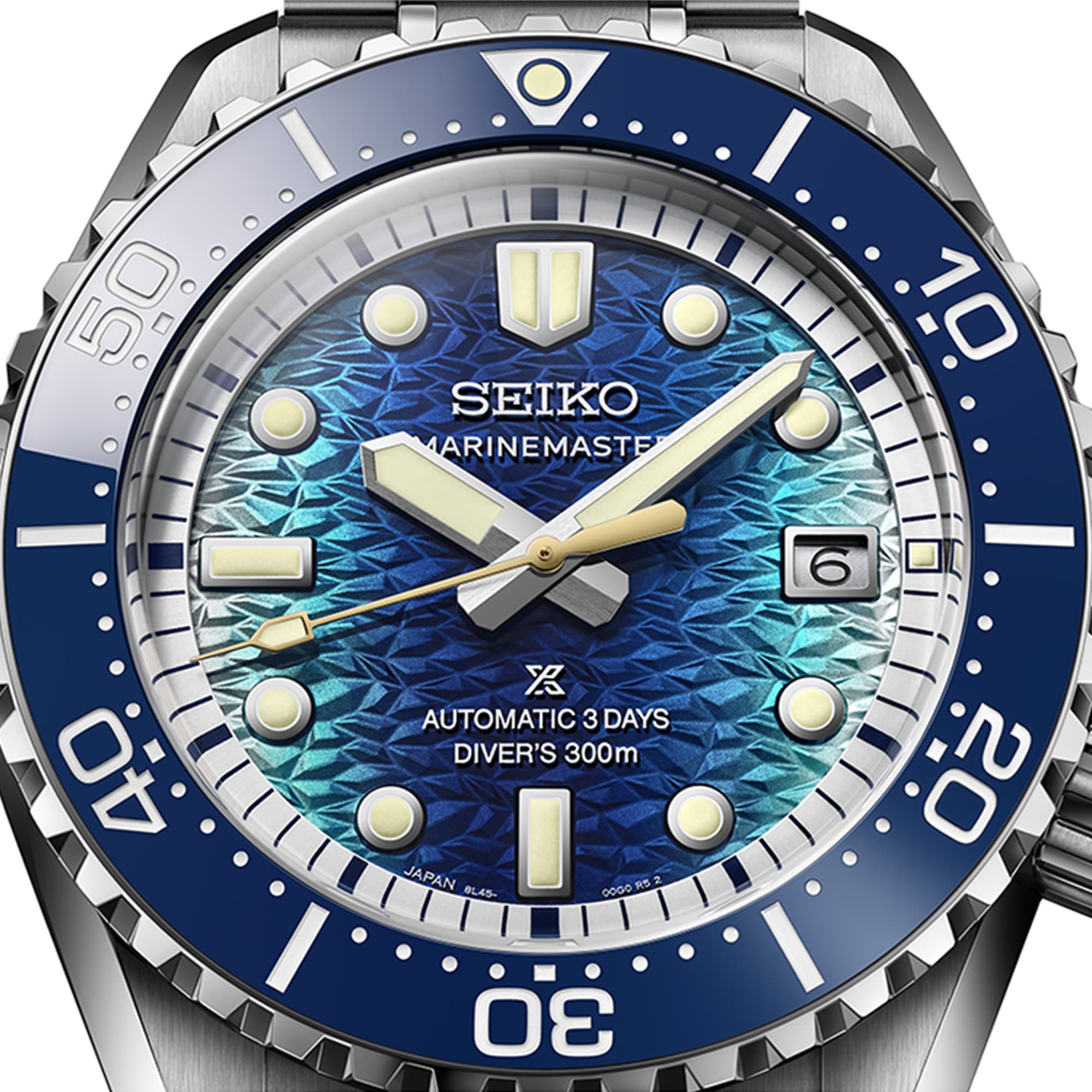 The Seiko Prospex Marinemaster JAMSTEC Limited Edition Men's 42.60mm Watch HBF002J reveals the dial's multi-layered translucent lacquer texture and gradient depth in close detail, alongside the date window and applied indices.