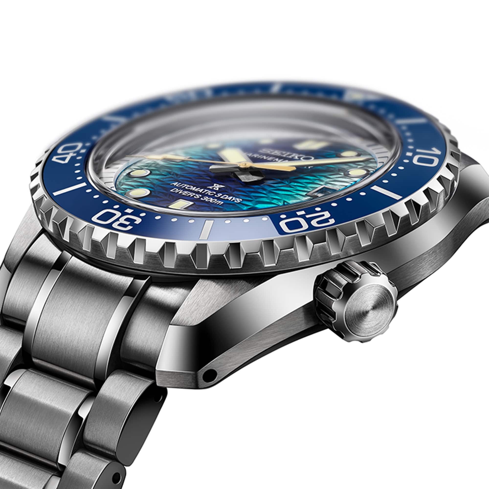 From this angle, the Seiko Prospex Marinemaster JAMSTEC Limited Edition Men's 42.60mm Watch HBF002J shows its textured blue dial's depth and gradient, blue ceramic bezel and LumiBrite markers together against the stainless steel case.