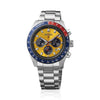 The Seiko Prospex Speedtimer Solar Chronograph Men’s 41.40mm Watch HBJ004J features a yellow dial with dark chronograph sub-dials, LumiBrite hands and indexes, and a date window. The 41.4mm stainless steel case is fitted with a curved sapphire crystal and a red-and-blue tachymeter bezel.