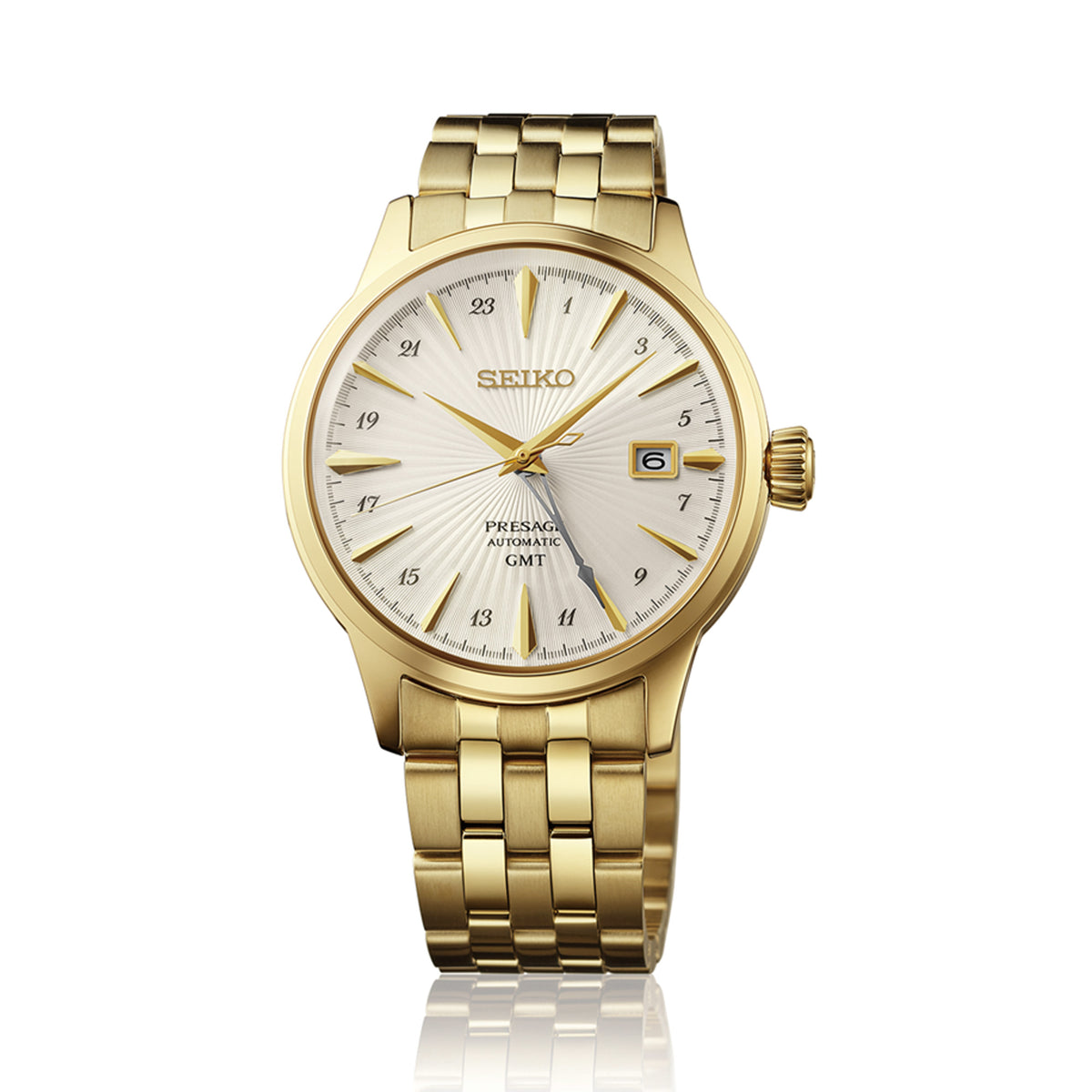 The Seiko Presage Automatic GMT Men’s 40.50mm Watch HCB004J shows its 40.5mm gold-tone stainless steel case with a mirror-finished profile. The pull-out crown sits on the right side of the case.