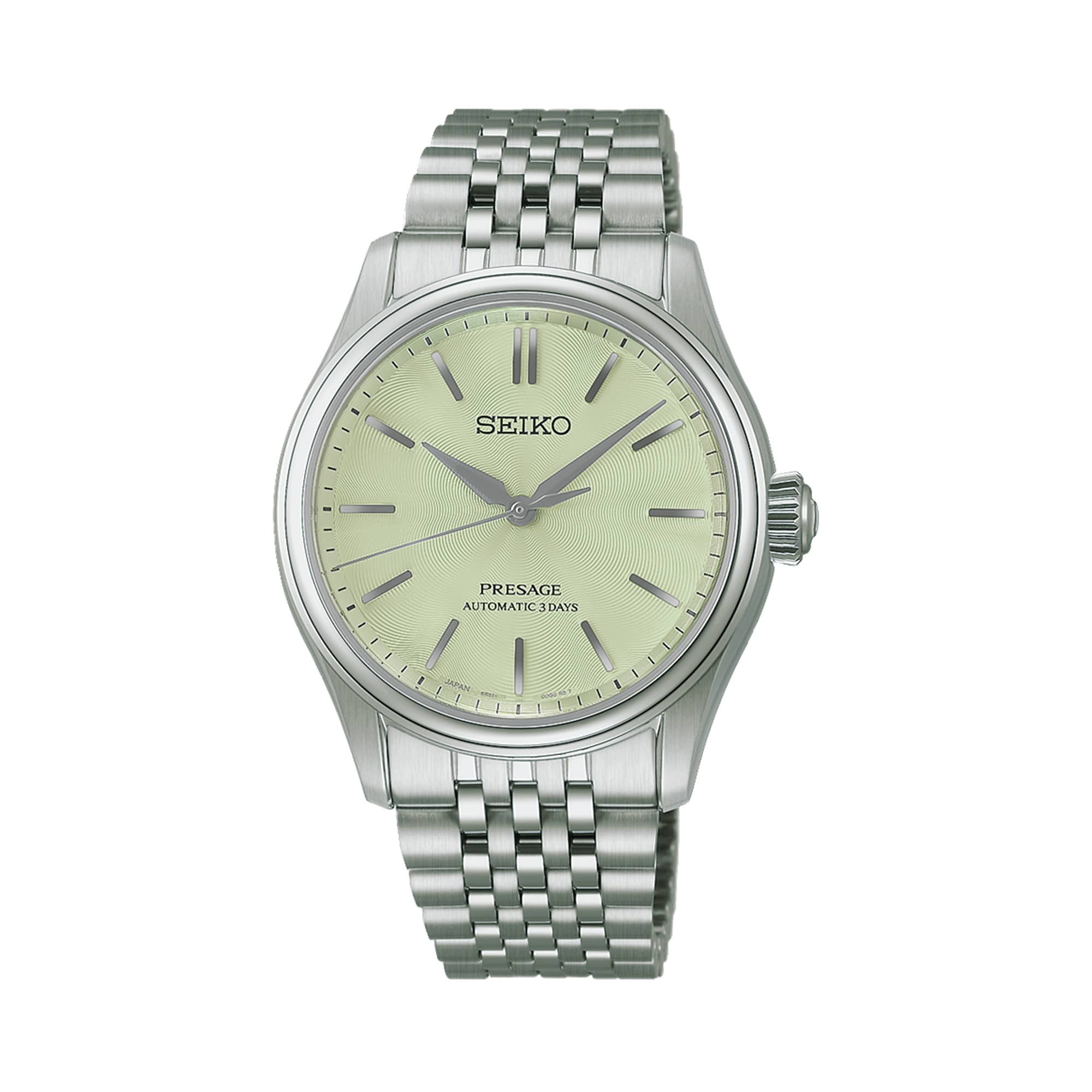 The Seiko Presage Automatic 38mm Watch HCC002J features a richly textured green "wakatake-iro" dial. The 38mm stainless steel case is fitted with dual-curved sapphire crystal.