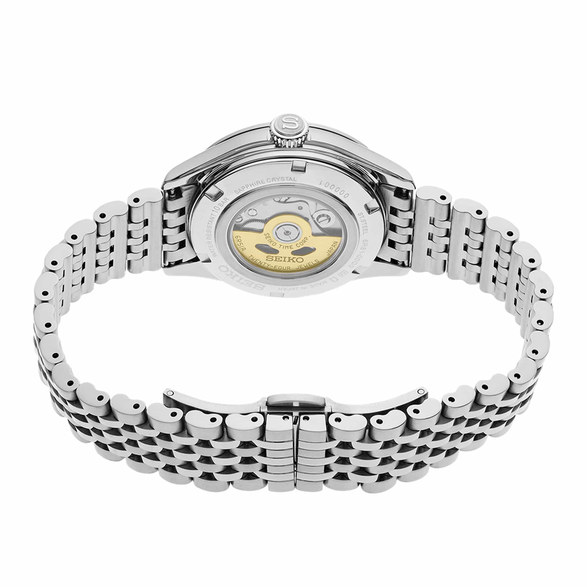 The Seiko Presage Automatic 38mm Watch HCC002J is fitted with a stainless steel bracelet. The see-through screw case back reveals the automatic movement.