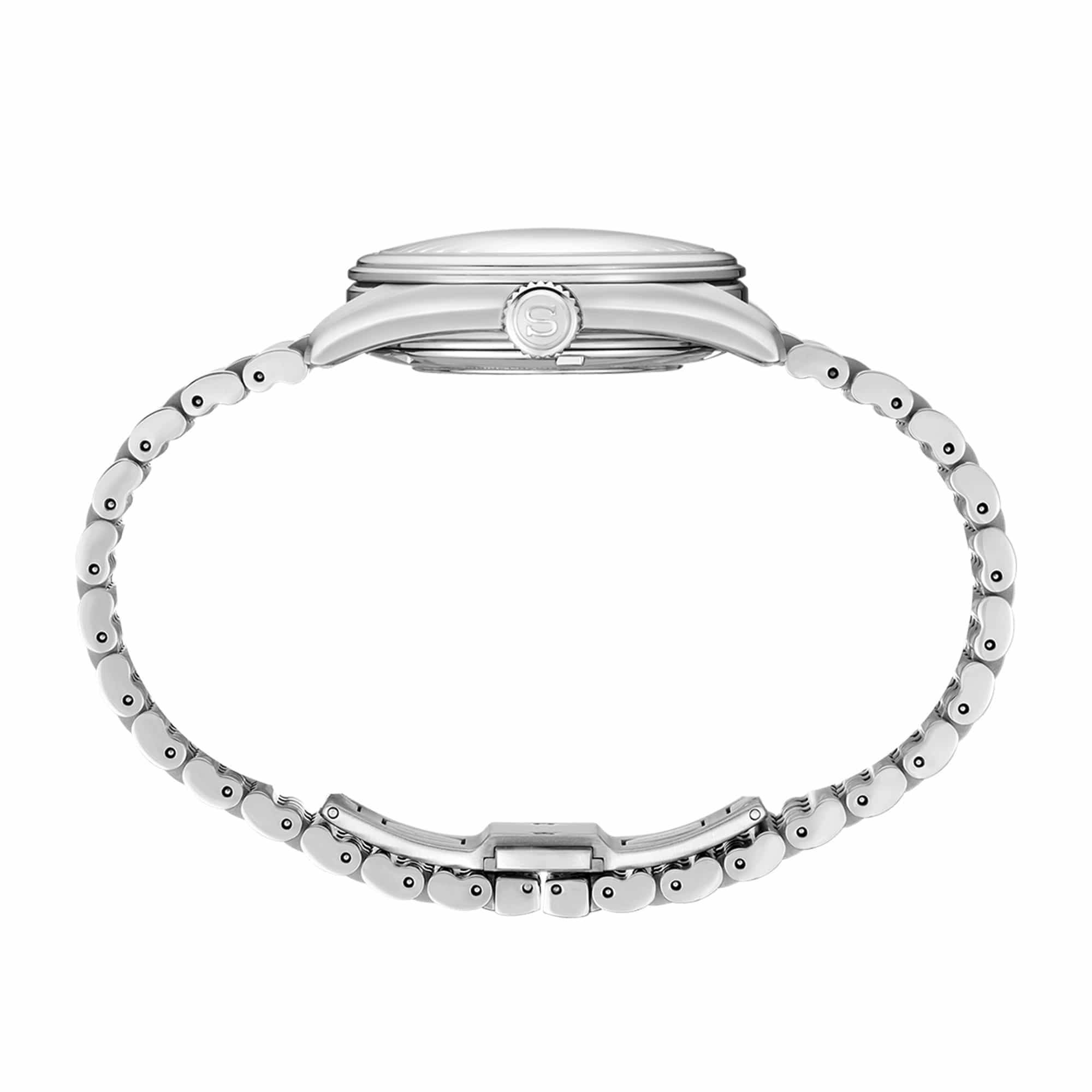 The Seiko Presage Automatic 38mm Watch HCC002J shows its 38mm stainless steel case with Diashield coating and a pull-out crown.