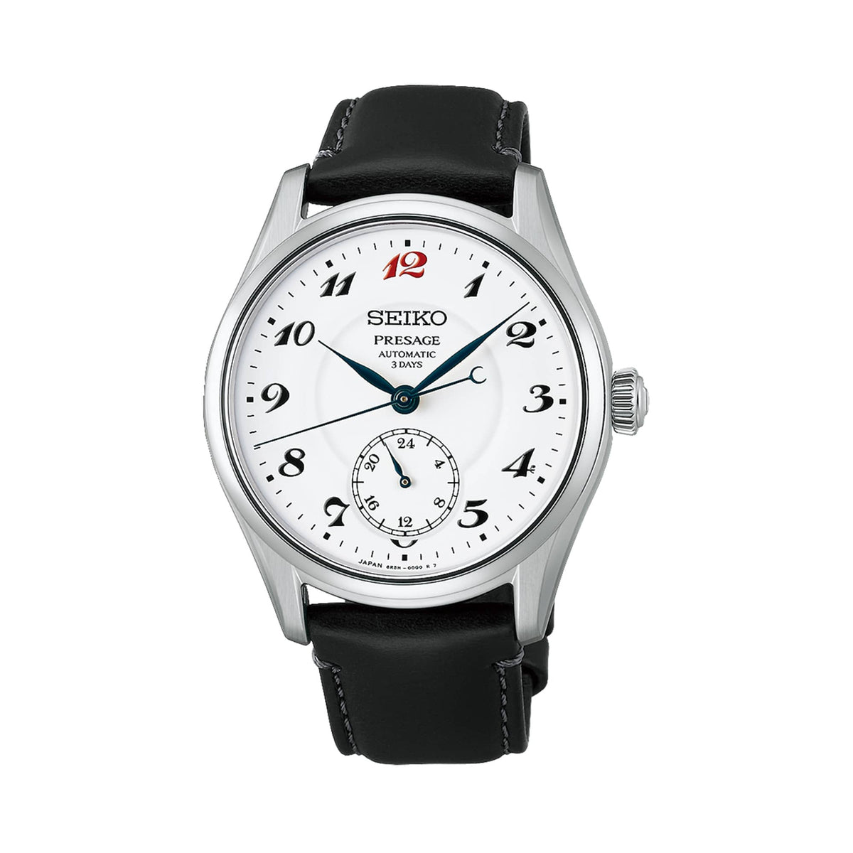 The Seiko Presage Automatic 39.60mm Watch HCC005J features a white hand-made enamel dial with stylised Arabic numerals and a red "12" marker. The 39.6mm stainless steel case is fitted with dual-curved sapphire crystal.