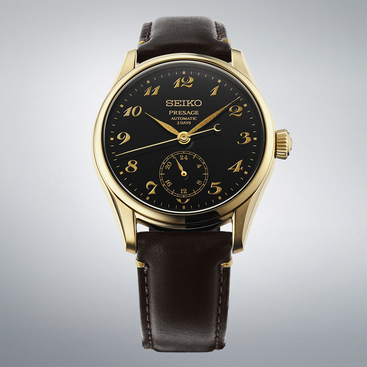 The Seiko Presage Automatic 39.60mm Watch HCC006J reveals the urushi dial's fine lacquer texture and gold powder lacquer numerals in close detail.