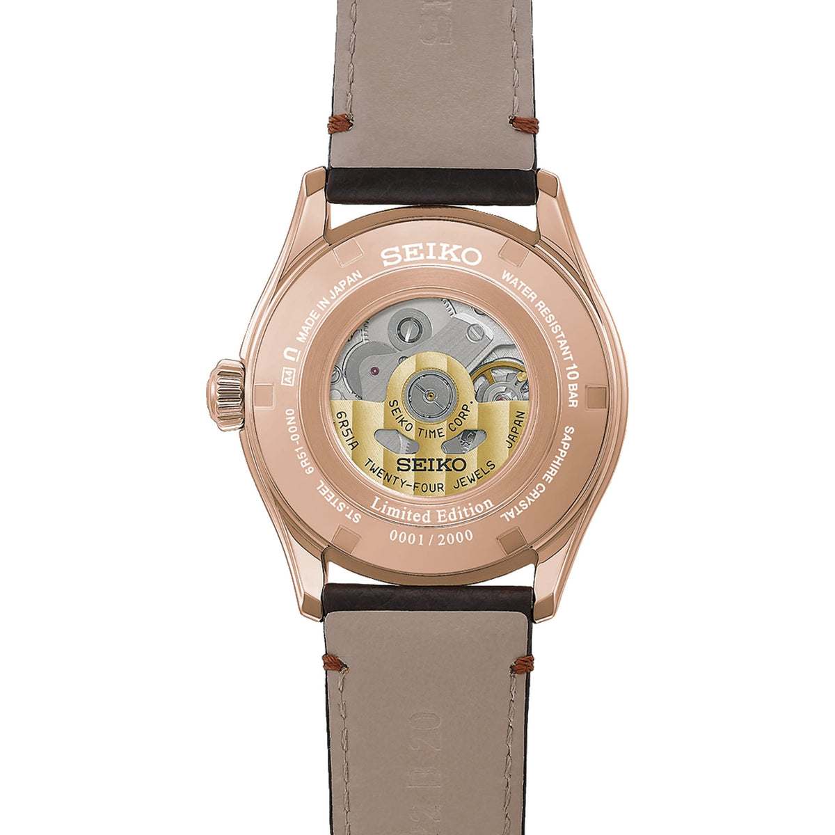 The Seiko Presage Automatic 38mm Watch HCC008J is fitted with a dark brown leather strap. The screw-down, see-through case back reveals the automatic Calibre 6R51 movement and an individually engraved serial number.