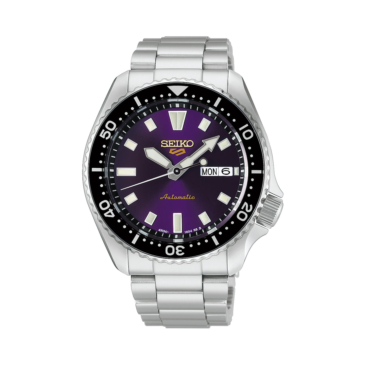 The Seiko 5 Sports SKX Series Automatic Men's 42.50mm Watch HDB003K features an Edo purple dial with a gold Seiko 5 Sports logo, LumiBrite hands and indexes, and a day/date display. The 42.5mm stainless steel case is fitted with a domed Hardlex crystal.