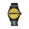The Seiko 5 Automatic 36.40mm Watch HDB010K features a matte yellow dial with black embossed Arabic numerals, LumiBrite markers and a Honda logo bar. The 36.4mm stainless steel case is fitted with curved Hardlex crystal.