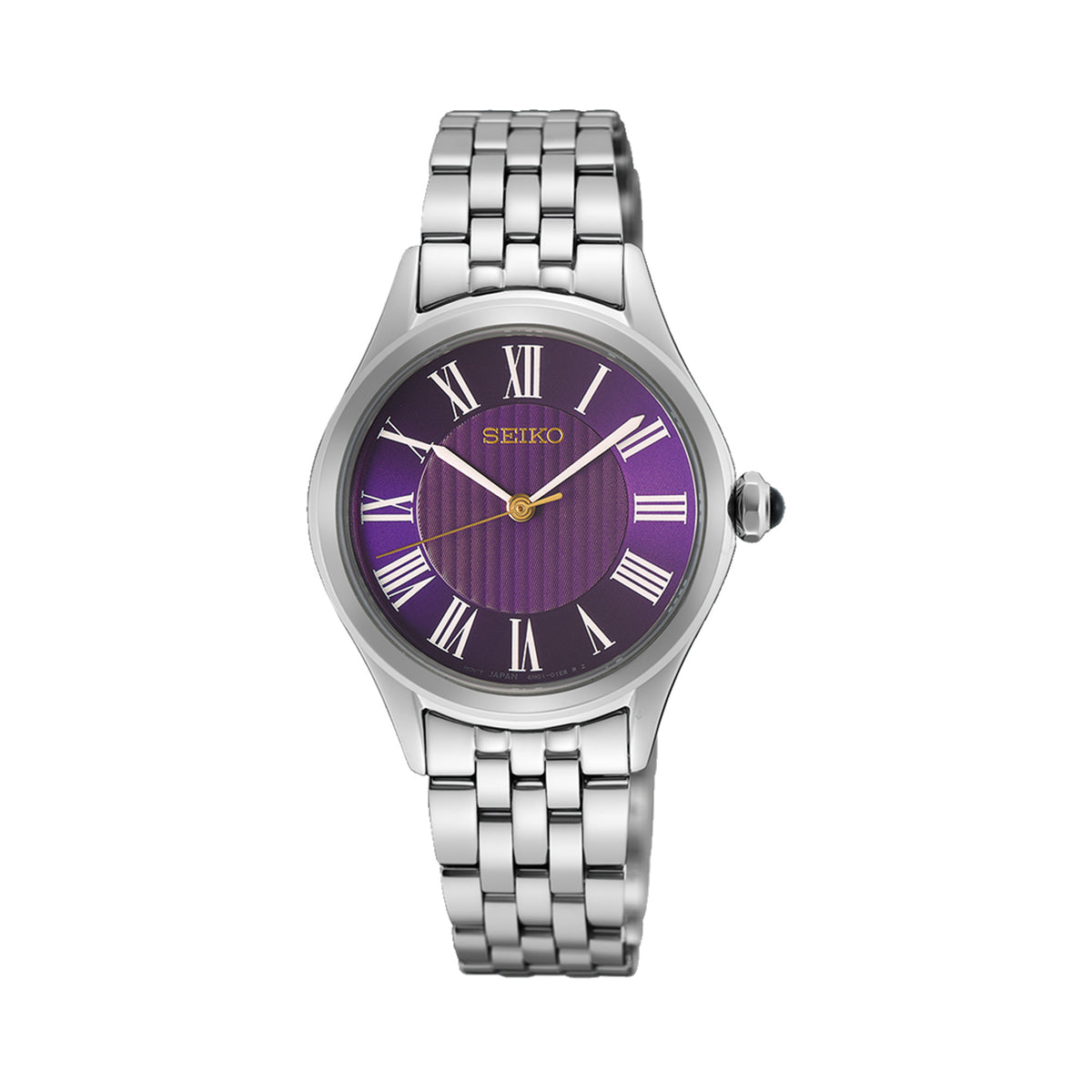 The Seiko Conceptual Quartz Women’s 29.60mm Watch HGH004P features a purple dial with Roman numerals and a gold-tone seconds hand. The 29.6mm silver stainless steel case is fitted with a sapphire crystal.