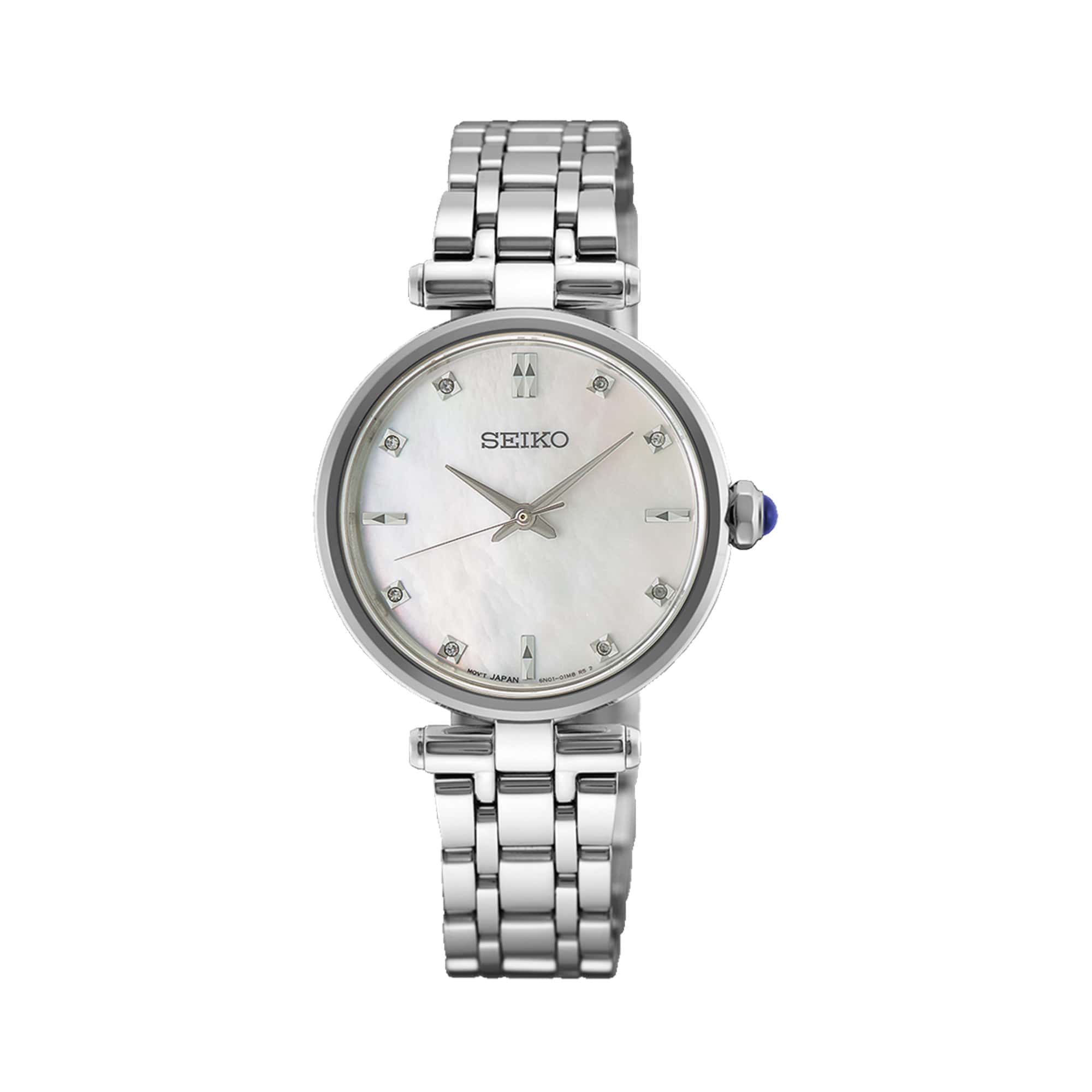 The Seiko Conceptual Quartz 29mm Women's Watch HGH005P features a white mother of pearl dial accented with 8 diamonds. The 29mm silver stainless steel case is fitted with sapphire crystal.