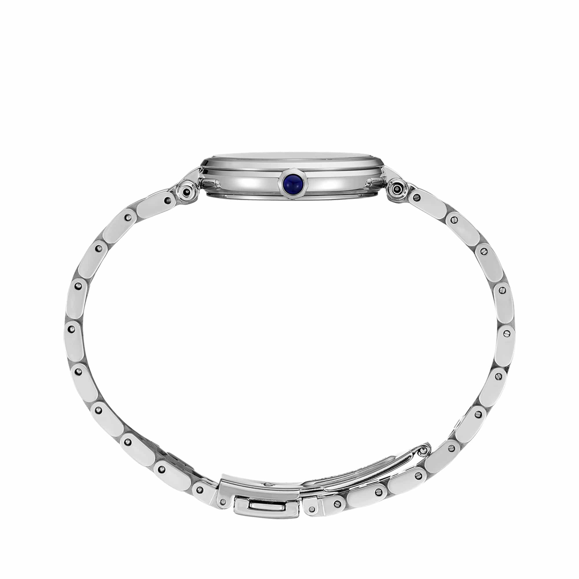 The Seiko Conceptual Quartz 29mm Women's Watch HGH005P shows its 29mm silver stainless steel case with a cabochon pull-out crown.
