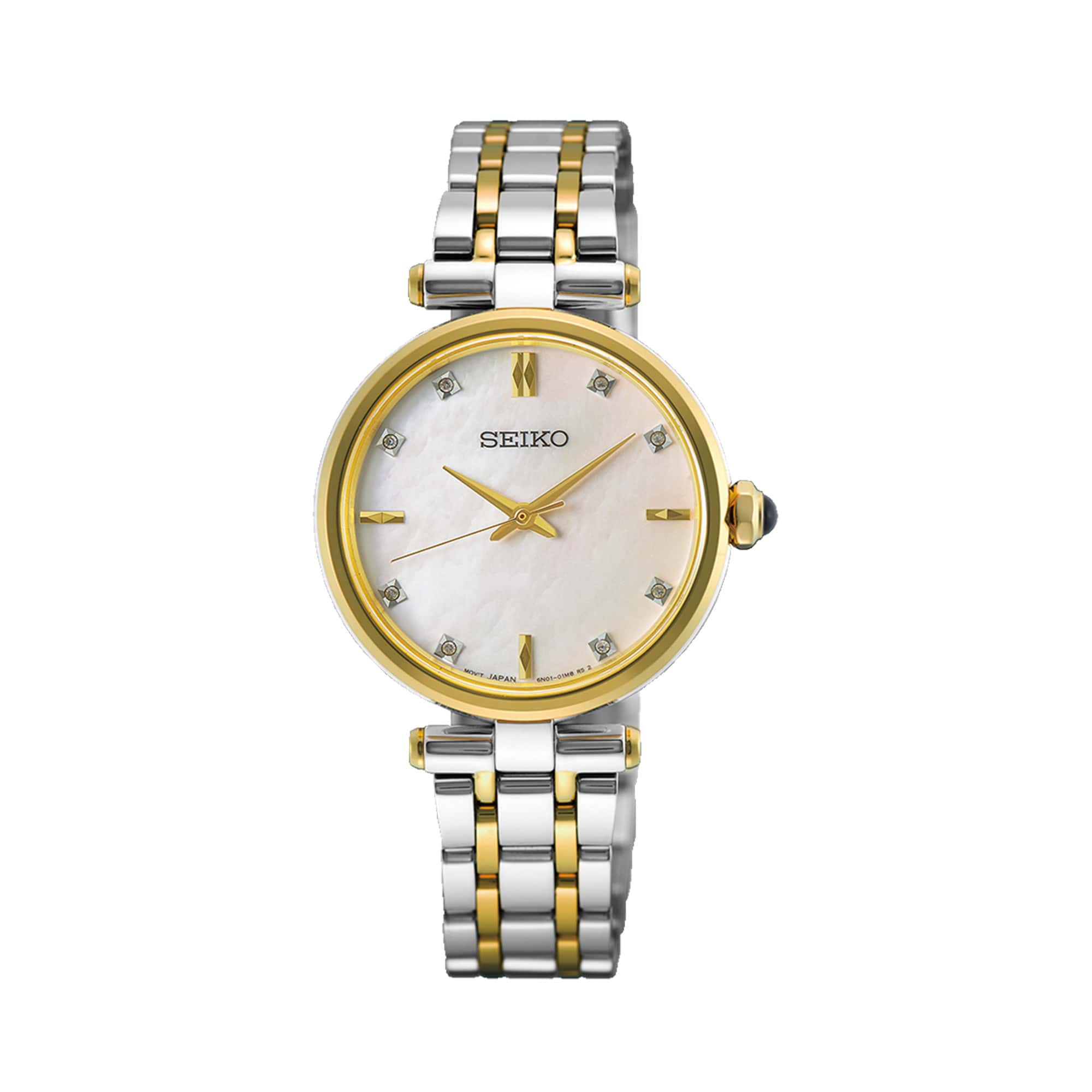 The Seiko Conceptual Quartz 29mm Women's Watch HGH007P features a mother of pearl dial accented with 8 diamonds. The 29mm two-tone silver and yellow gold stainless steel case is fitted with sapphire crystal.