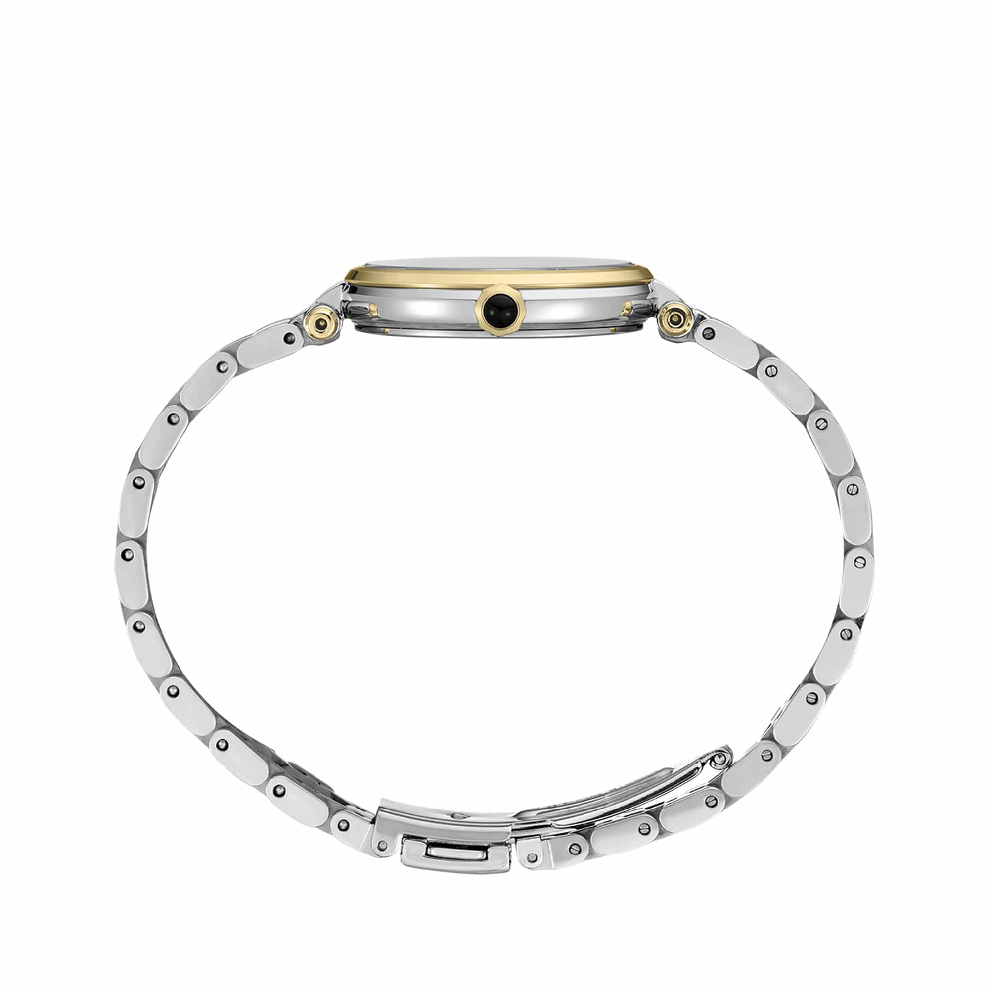 The Seiko Conceptual Quartz 29mm Women's Watch HGH007P shows its 29mm two-tone case with a cabochon pull-out crown.