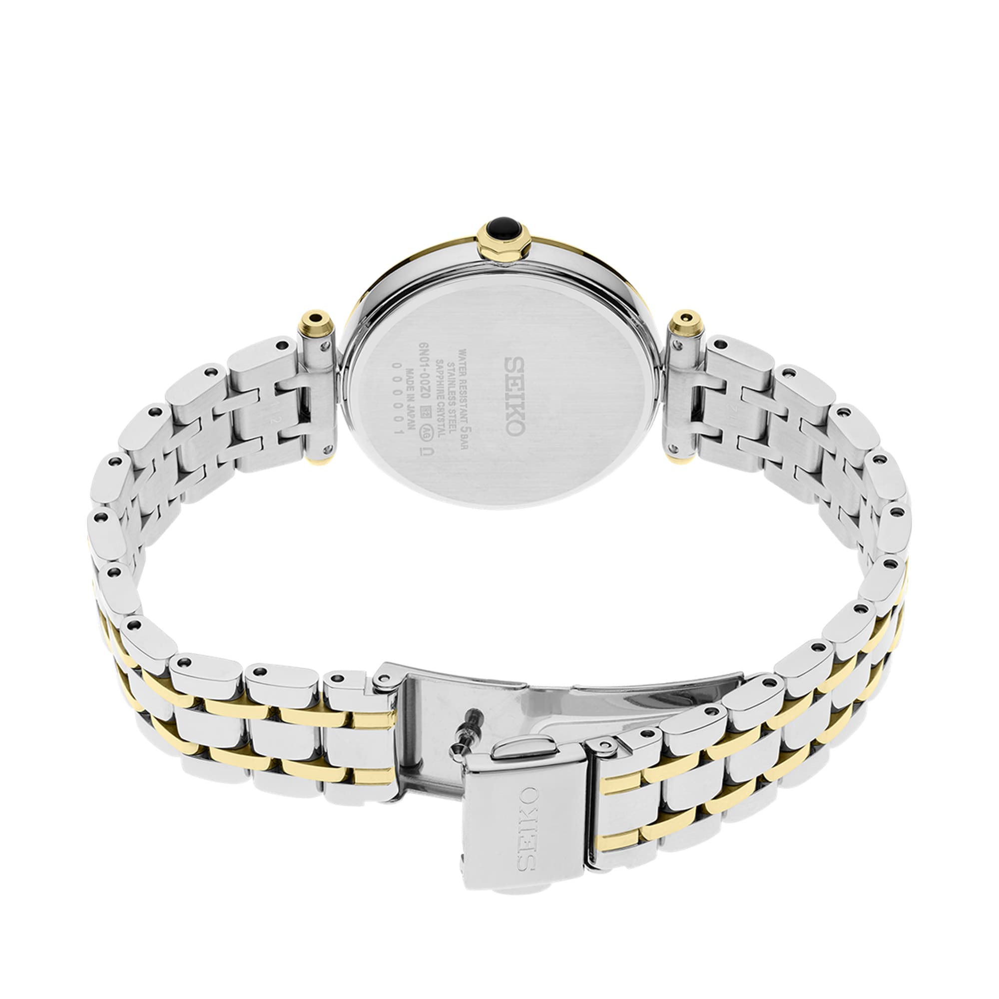 The Seiko Conceptual Quartz 29mm Women's Watch HGH007P is fitted with a two-tone silver and yellow gold stainless steel bracelet.
