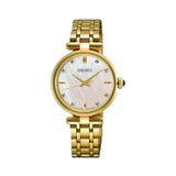The Seiko Conceptual Quartz 29mm Women's Watch HGH008P features a genuine mother of pearl dial with diamond indices. The 29mm yellow gold-tone stainless steel case is fitted with sapphire crystal and a blue cabochon crown.