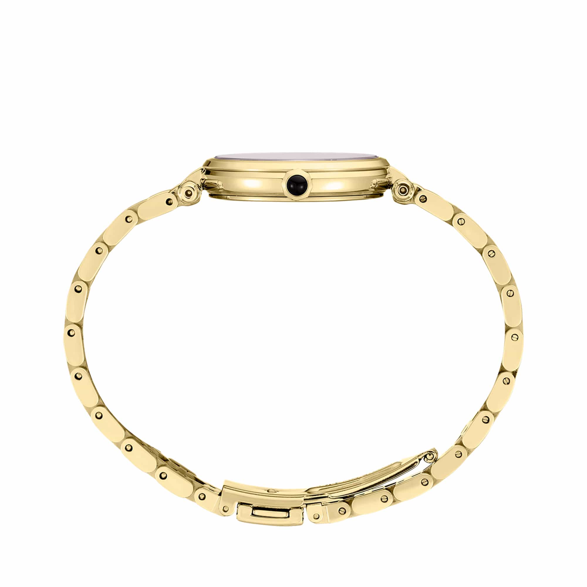 The Seiko Conceptual Quartz 29mm Women's Watch HGH008P shows its 29mm yellow gold-tone case with the distinctive blue cabochon crown positioned on the case side.