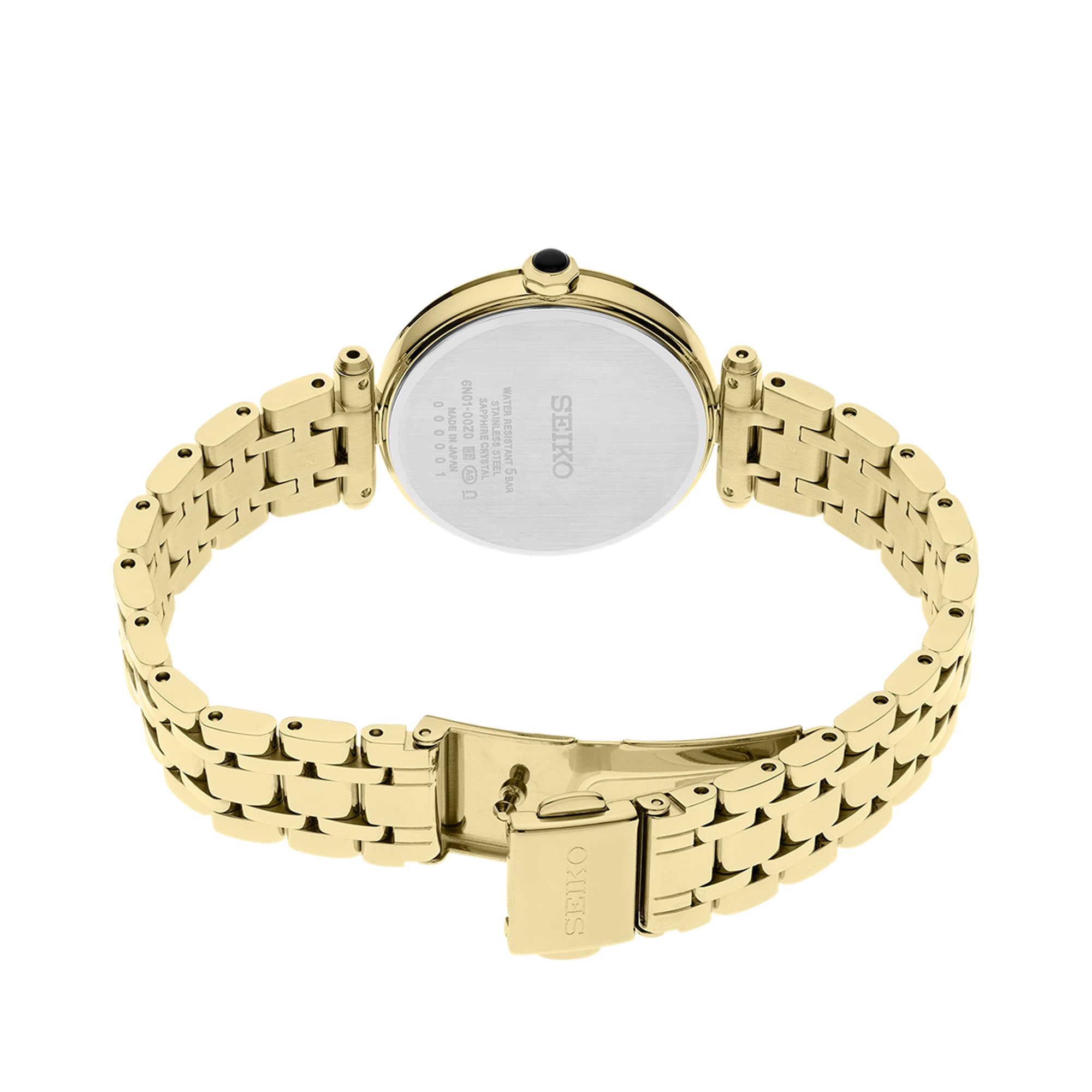 The Seiko Conceptual Quartz 29mm Women's Watch HGH008P is fitted with a yellow gold-tone stainless steel bracelet, secured by a safety folding clasp.