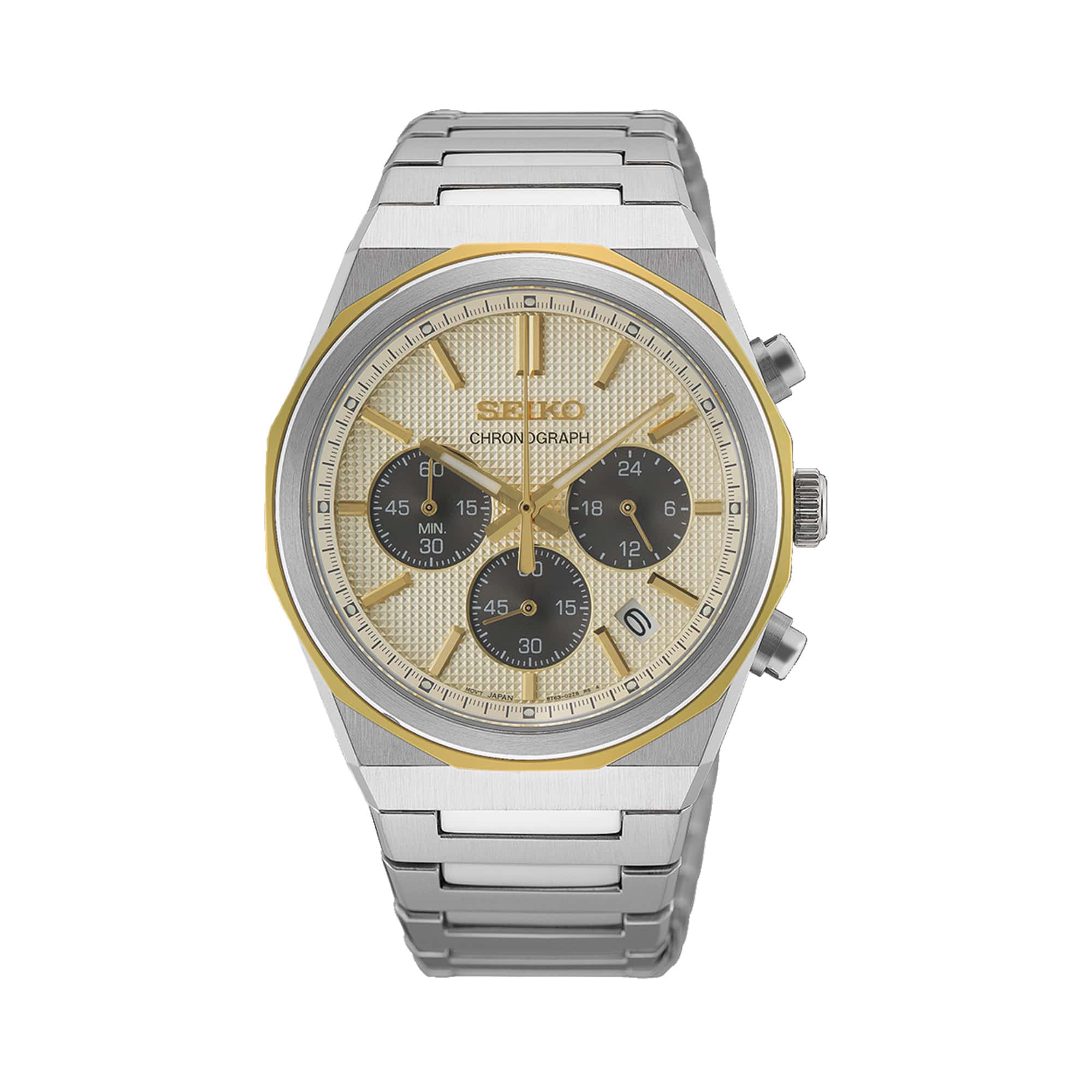 The Seiko Conceptual Quartz Chronograph 40mm Watch HGK001P features a champagne dial with a textured pattern, silver sub-dials and gold-tone hands and markers. The 40mm two-tone stainless steel case is fitted with sapphire crystal.