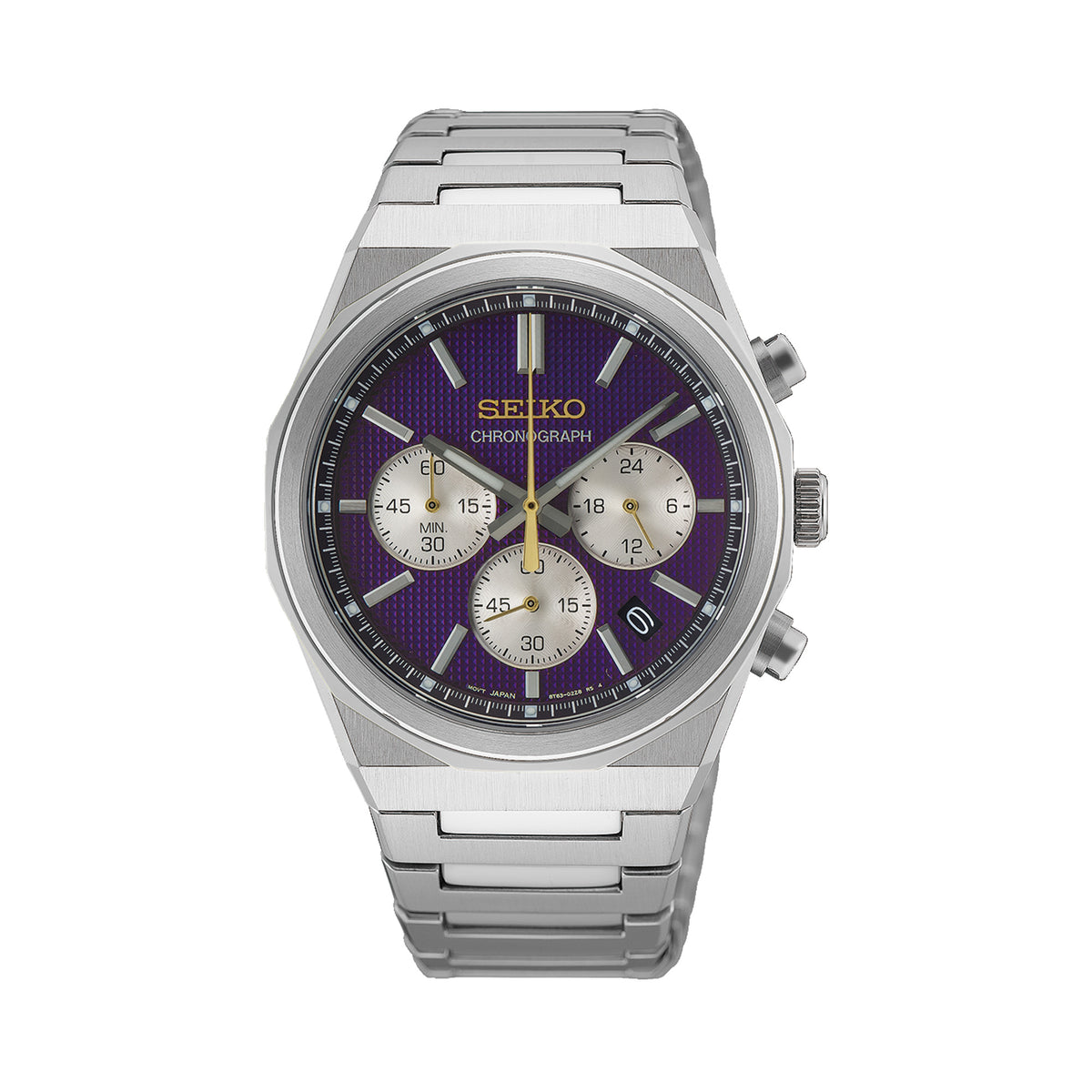 The Seiko Conceptual Quartz Chronograph Men’s 40mm Watch HGK003P features a textured purple dial with chronograph sub-dials, LumiBrite hands and markers, and a date window. The 40mm stainless steel case is fitted with a sapphire crystal.