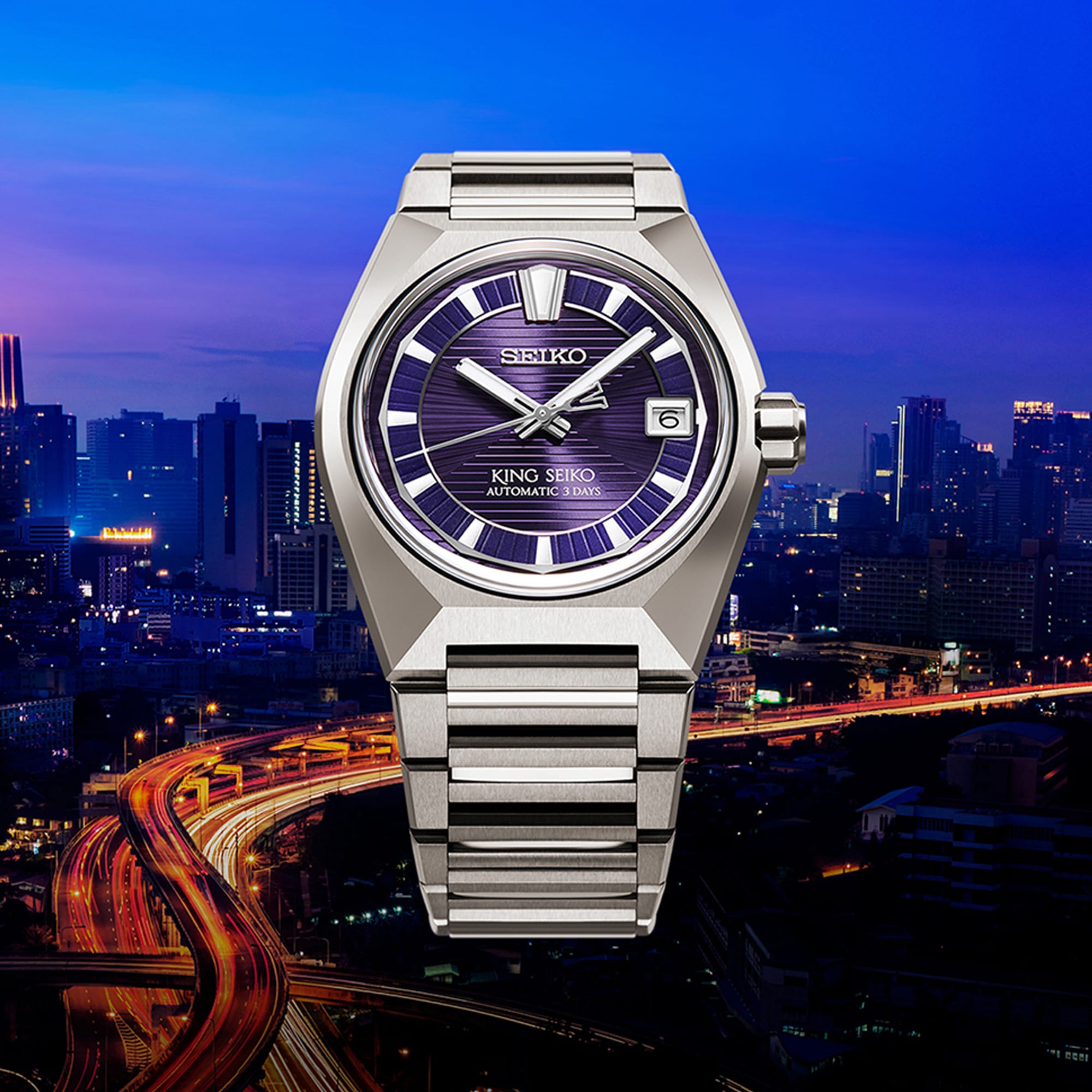 The King Seiko VANAC Automatic 41mm Men's Watch HKF001J reveals the dial's fine radial and horizontal line texture in close detail, alongside the applied hour markers and date window.