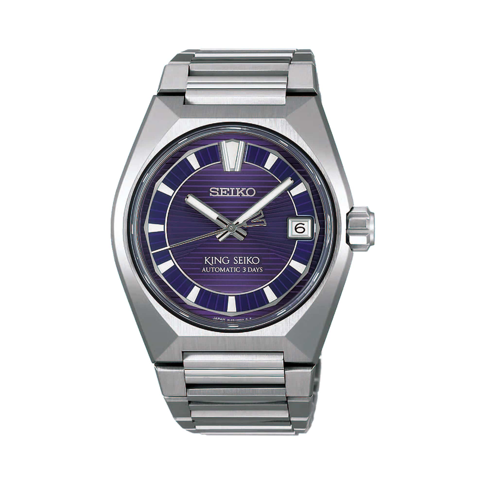 The King Seiko VANAC Automatic 41mm Men's Watch HKF001J features a purple dial with radial and horizontal line patterns, LumiBrite hands and indexes, and a date window. The 41mm bezel-less titanium case is fitted with a box-shaped sapphire crystal.