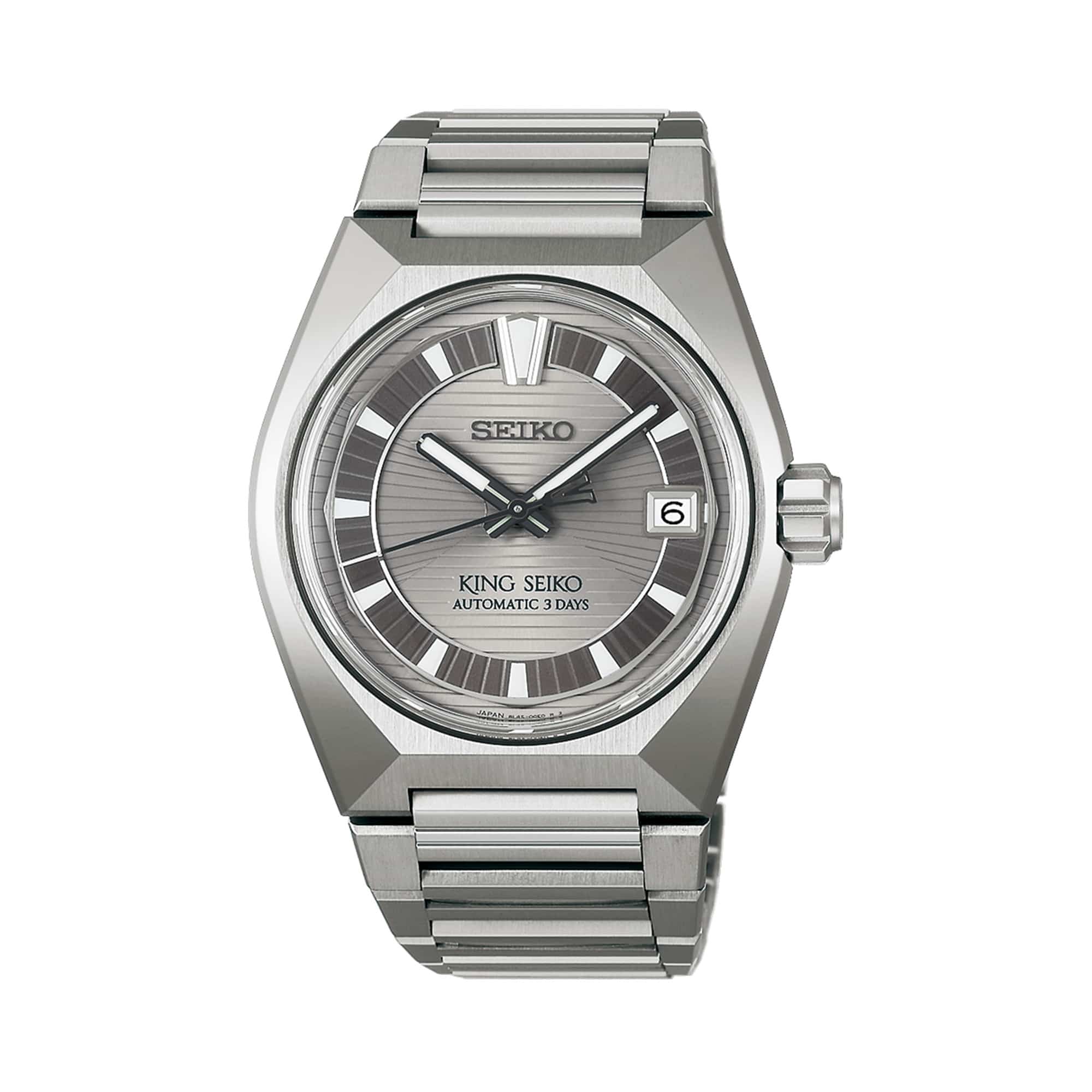 The King Seiko VANAC Automatic 41mm Men's Watch HKF002J features a silver dial with a three-dimensional horizontal pattern, LumiBrite hands and indexes, and a date window. The 41mm bezel-less titanium case is fitted with a box-shaped sapphire crystal.