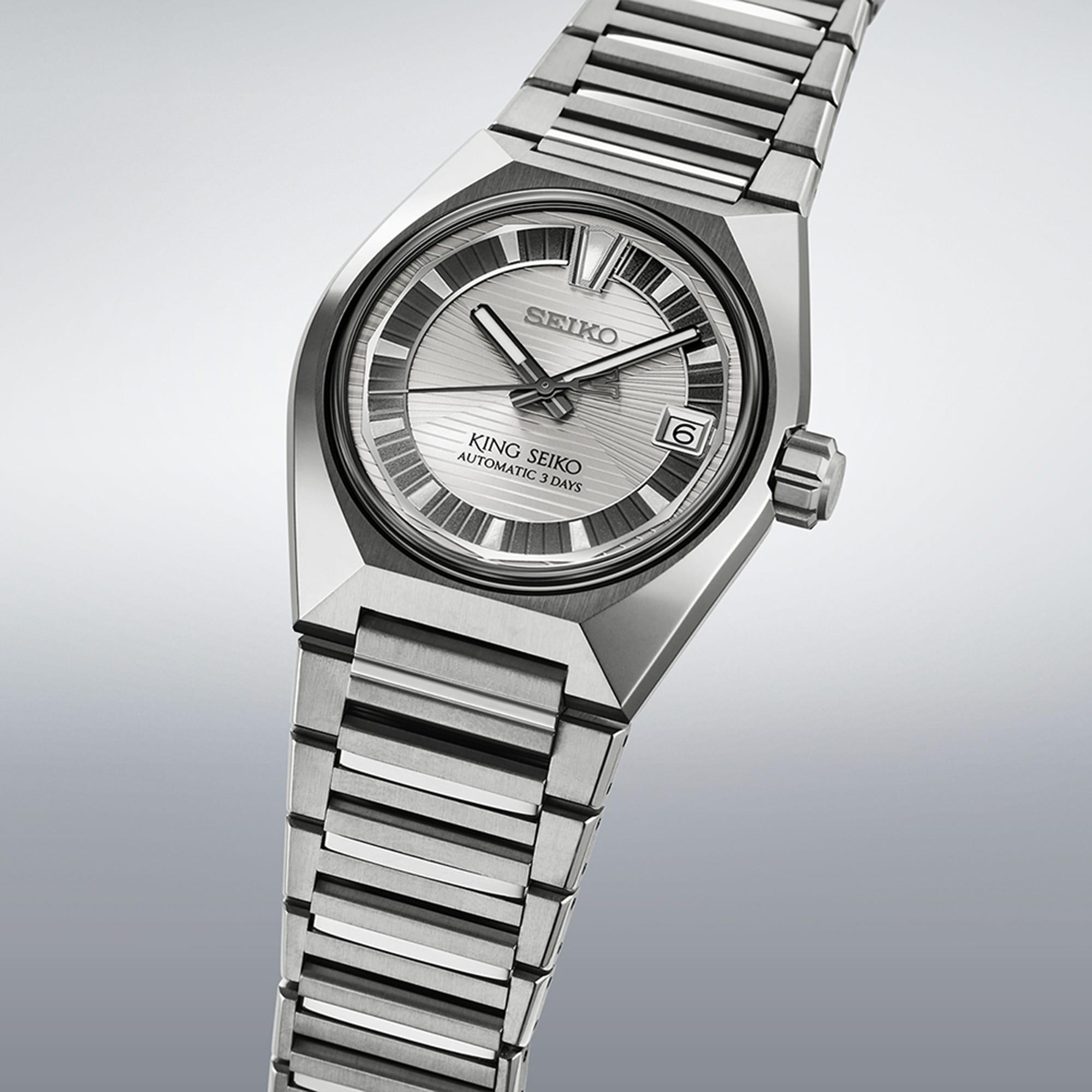 From this angle, the King Seiko VANAC Automatic 41mm Men's Watch HKF002J shows the silver dial's three-dimensional horizontal pattern and the titanium case's faceted surfaces together.