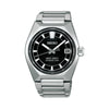 The King Seiko VANAC Automatic 41mm Men's Watch HKF003J features a black dial with a three-dimensional horizontal pattern, LumiBrite hands and indexes, and a date window. The 41mm bezel-less titanium case is fitted with a box-shaped sapphire crystal.