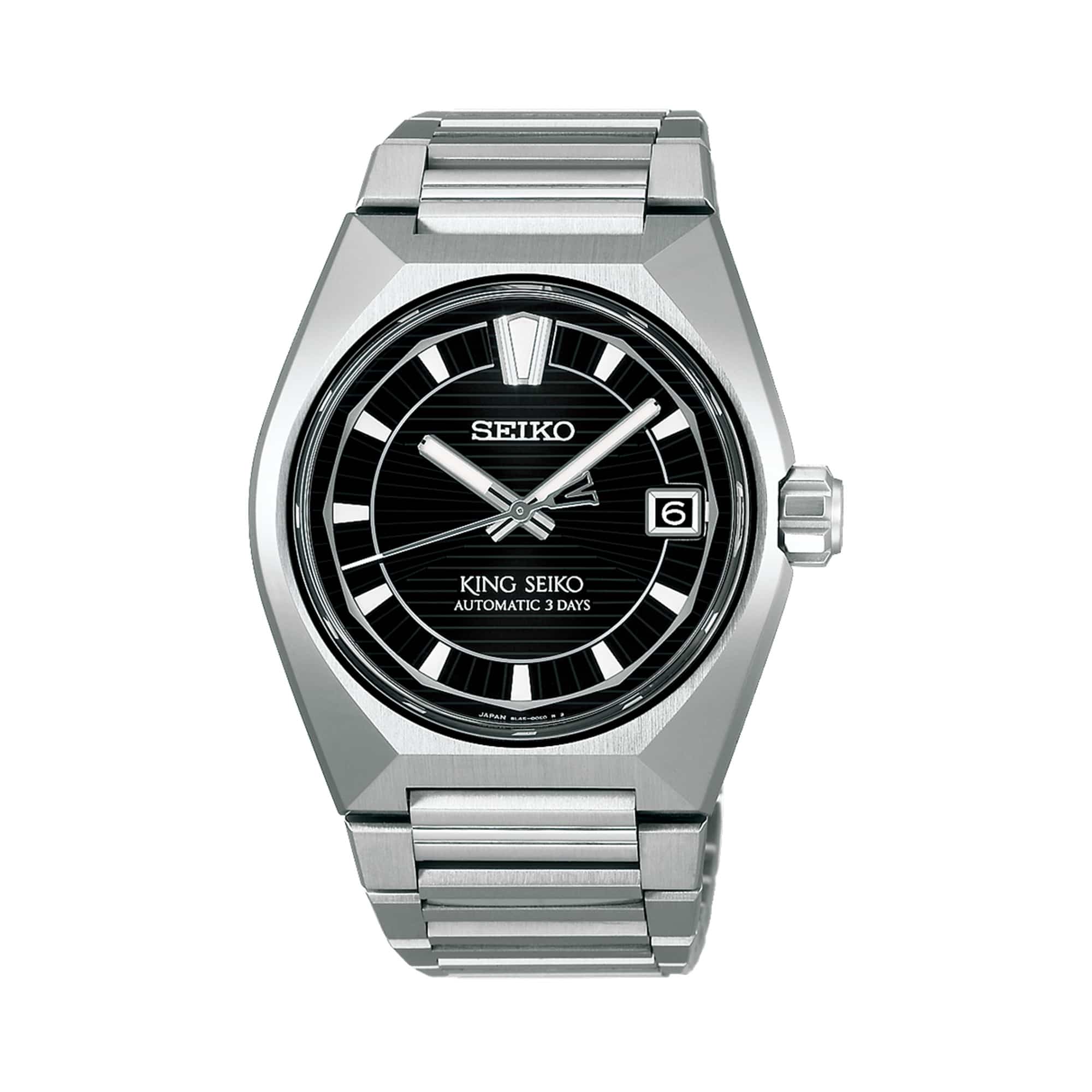 The King Seiko VANAC Automatic 41mm Men's Watch HKF003J features a black dial with a three-dimensional horizontal pattern, LumiBrite hands and indexes, and a date window. The 41mm bezel-less titanium case is fitted with a box-shaped sapphire crystal.