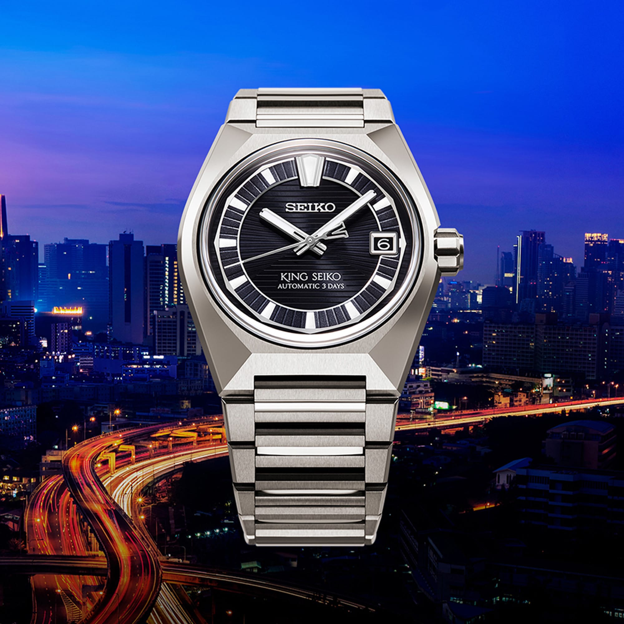 The King Seiko VANAC Automatic 41mm Men's Watch HKF003J reveals the dial's fine horizontal texture and fluted minute ring in close detail, alongside the V-shaped 12 o'clock marker.