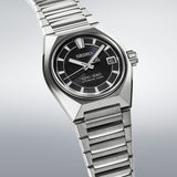 From this angle, the King Seiko VANAC Automatic 41mm Men's Watch HKF003J shows the black dial's three-dimensional horizontal pattern and the titanium case's faceted surfaces together.