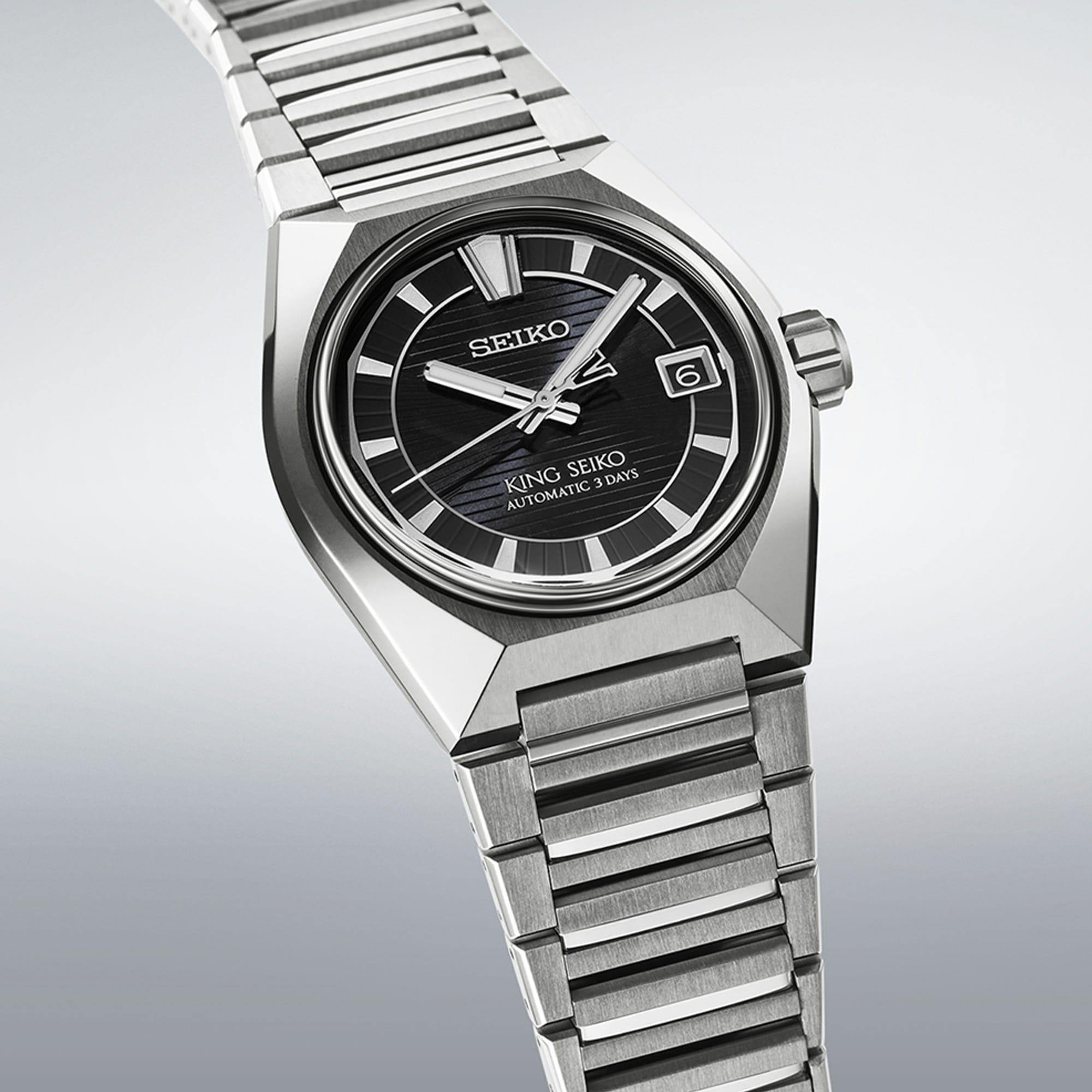 From this angle, the King Seiko VANAC Automatic 41mm Men's Watch HKF003J shows the black dial's three-dimensional horizontal pattern and the titanium case's faceted surfaces together.