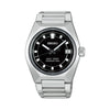 The King Seiko VANAC Automatic Men’s 41mm Watch HKF005J features a black dial with a glitter-like speckled finish, horizontal grooves and a large V-shaped marker at 12 o’clock. The 41mm stainless steel case is fitted with a box-shaped sapphire crystal.