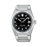 The King Seiko VANAC Automatic Men’s 41mm Watch HKF005J features a black dial with a glitter-like speckled finish, horizontal grooves and a large V-shaped marker at 12 o’clock. The 41mm stainless steel case is fitted with a box-shaped sapphire crystal.
