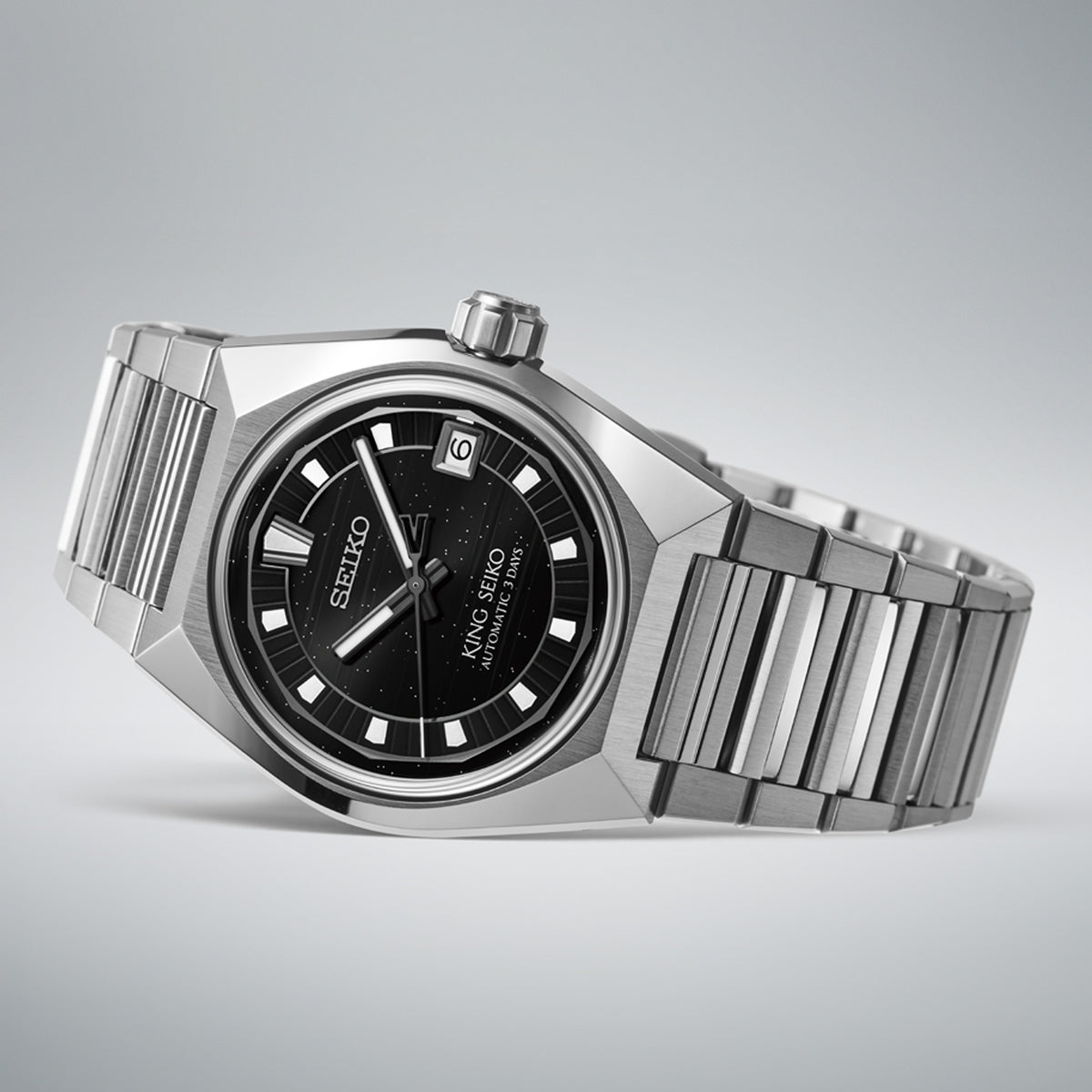 The King Seiko VANAC Automatic Men’s 41mm Watch HKF005J shows its faceted stainless steel case with brushed tops and polished sides. The crown carries the King Seiko shield emblem.