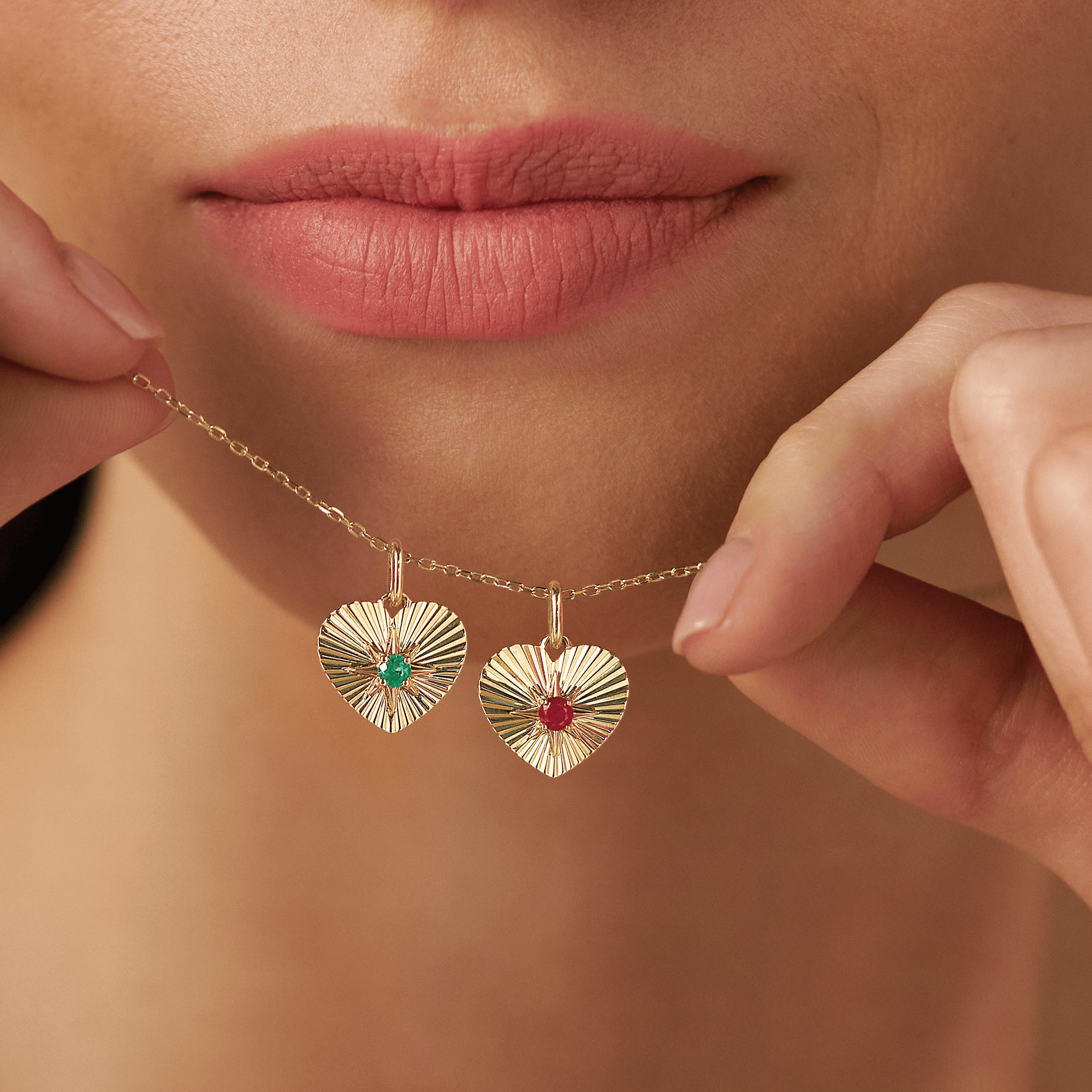 Created Emerald Heart Starburst Pendant in 9ct Yellow Gold