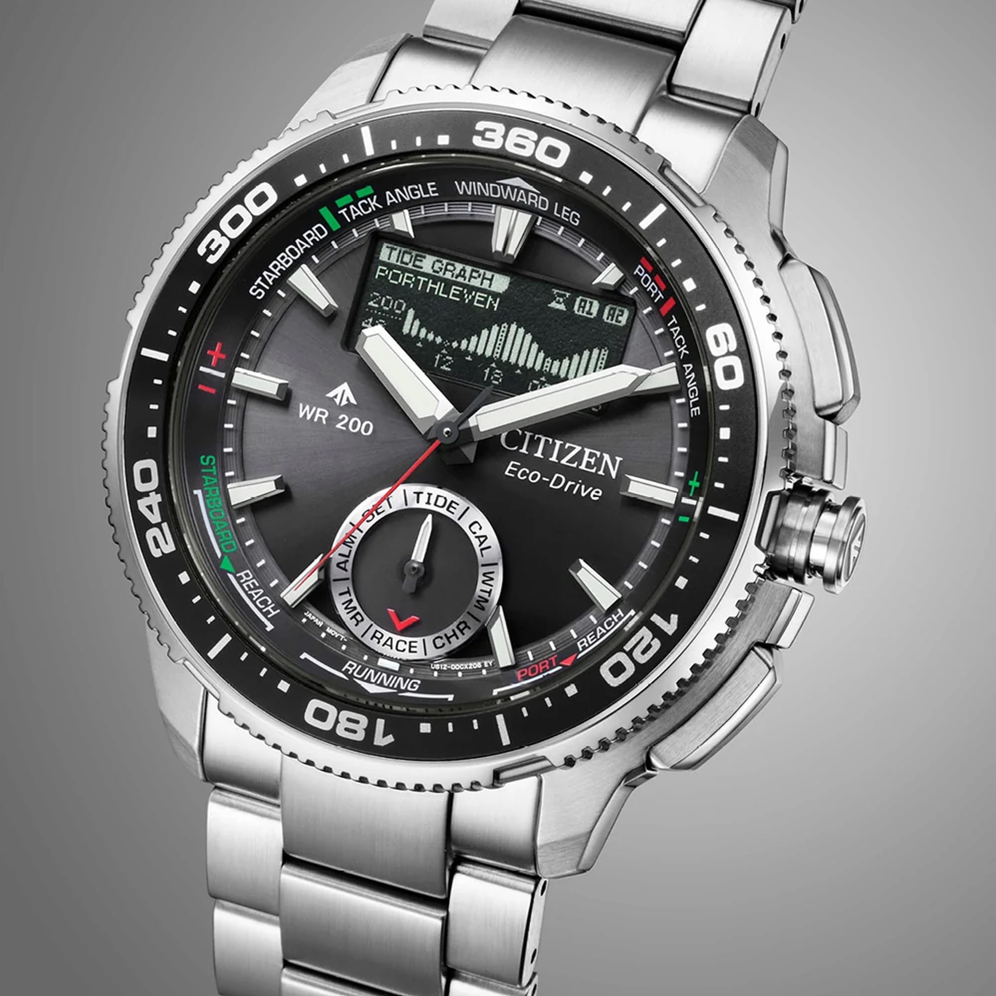 Citizen Promaster Analogue Digital 42mm Men's Watch JV3001-53E - This angle captures the black dial, digital display, and rotating bezel together in one view. The stainless steel case and bracelet remain clearly visible from this perspective.