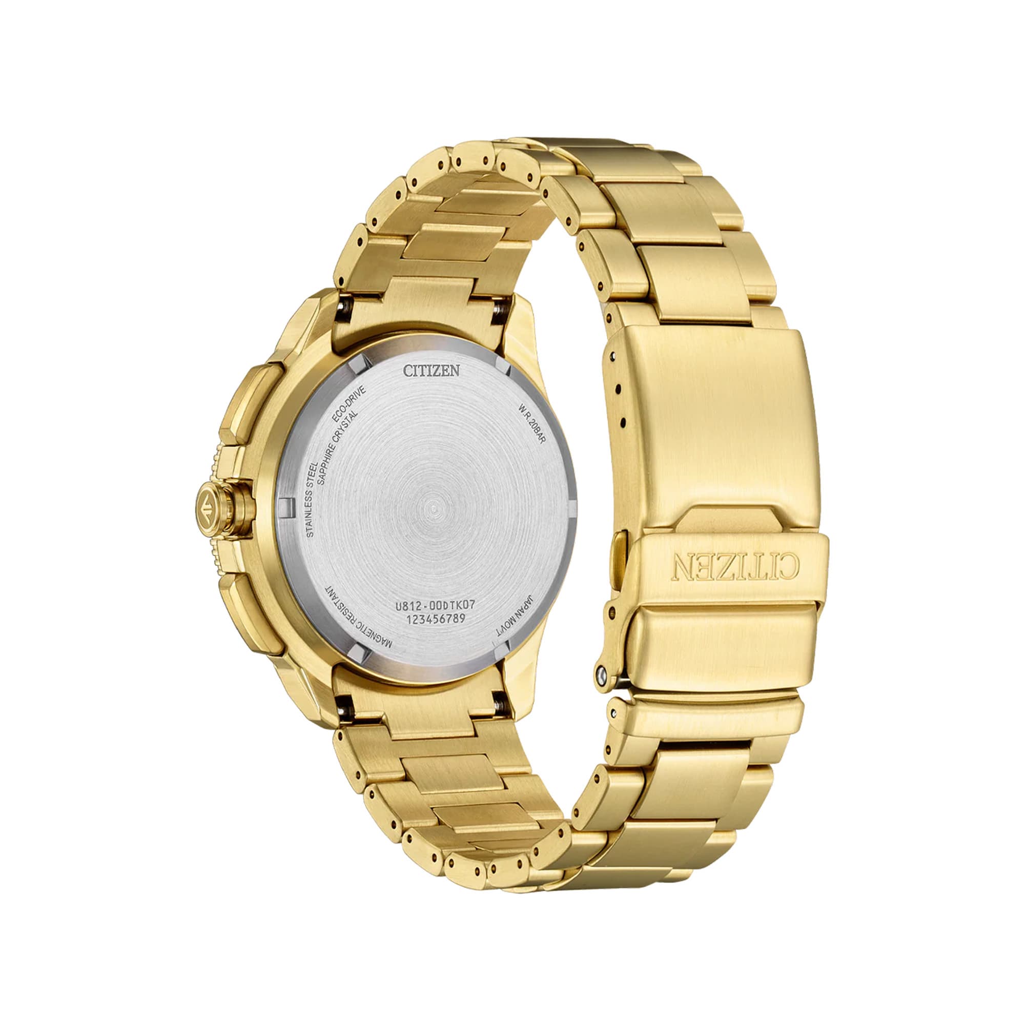 Citizen Promaster Analogue Digital 42mm Men's Watch JV3002-51E - The gold-tone stainless steel bracelet is fitted with a three-fold clasp featuring a secure lock and push-button release. The solid-link construction reflects the watch's rugged, technical design.