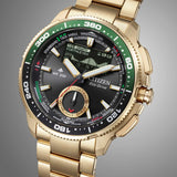 Citizen Promaster Analogue Digital 42mm Men's Watch JV3002-51E - This angle captures the black dial, digital display, and rotating bezel together in one view. The gold-tone case and bracelet remain clearly visible from this perspective.