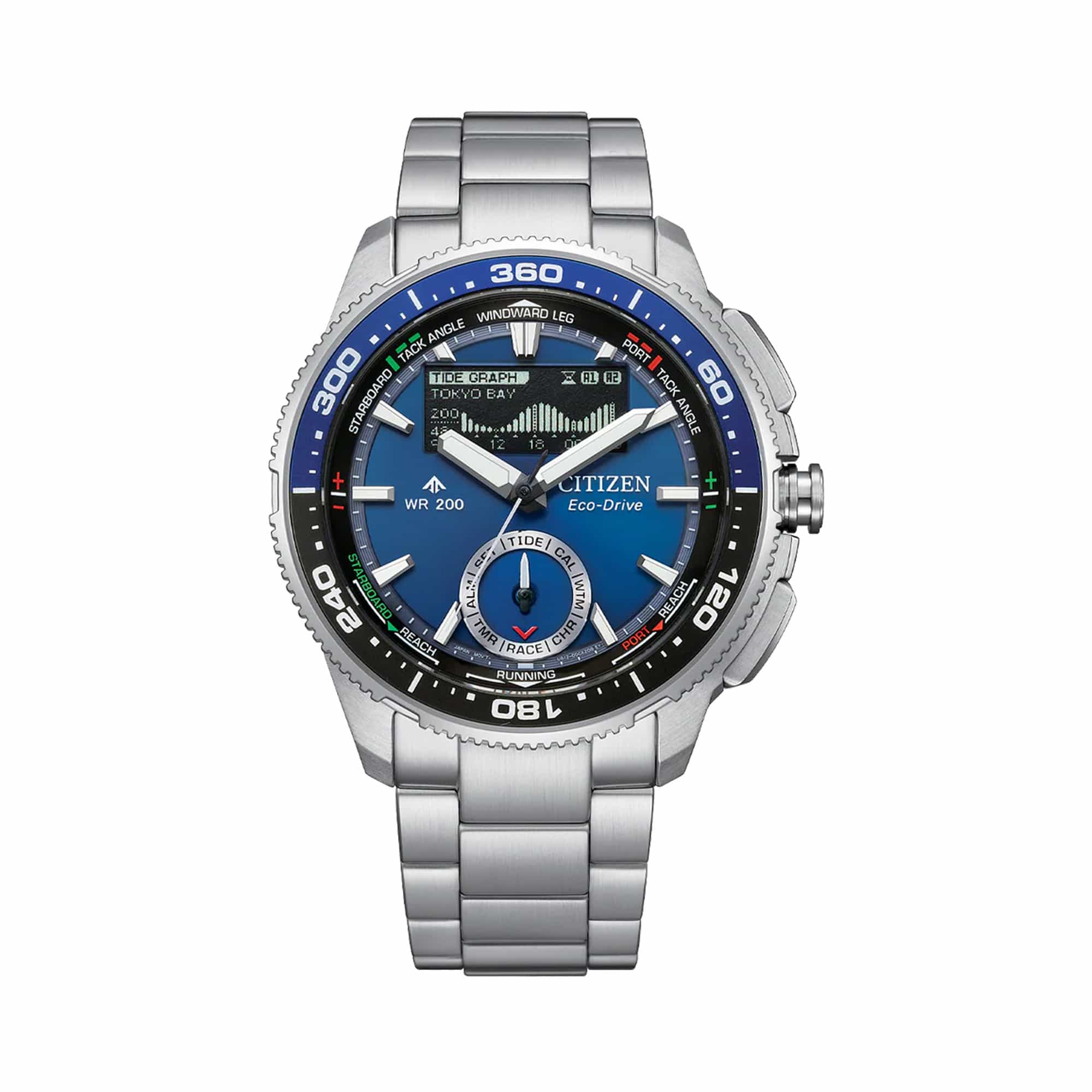 Citizen Promaster Analogue Digital 42mm Men's Watch JV3006-50L - The blue sunray dial pairs analog hands with a high-definition MIP digital display showing tide graph, moon phase, and race timer functions. A blue-and-black unidirectional rotating bezel surrounds the dial.