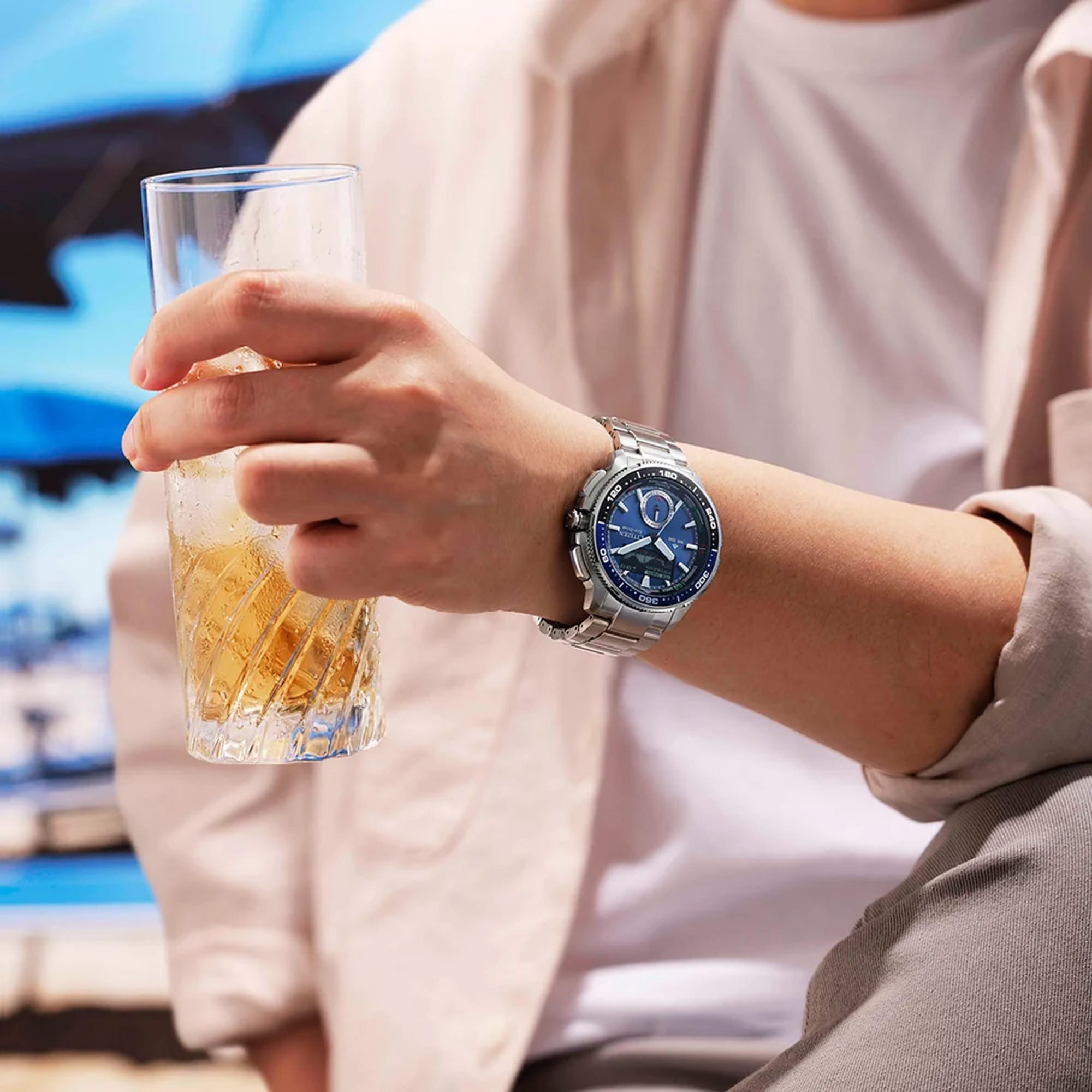 Citizen Promaster Analogue Digital 42mm Men's Watch JV3006-50L - Worn on the wrist, the 42.4mm stainless steel case and matching silver-tone bracelet sit securely for all-day wear. The case size gives it a bold, sport-ready presence.