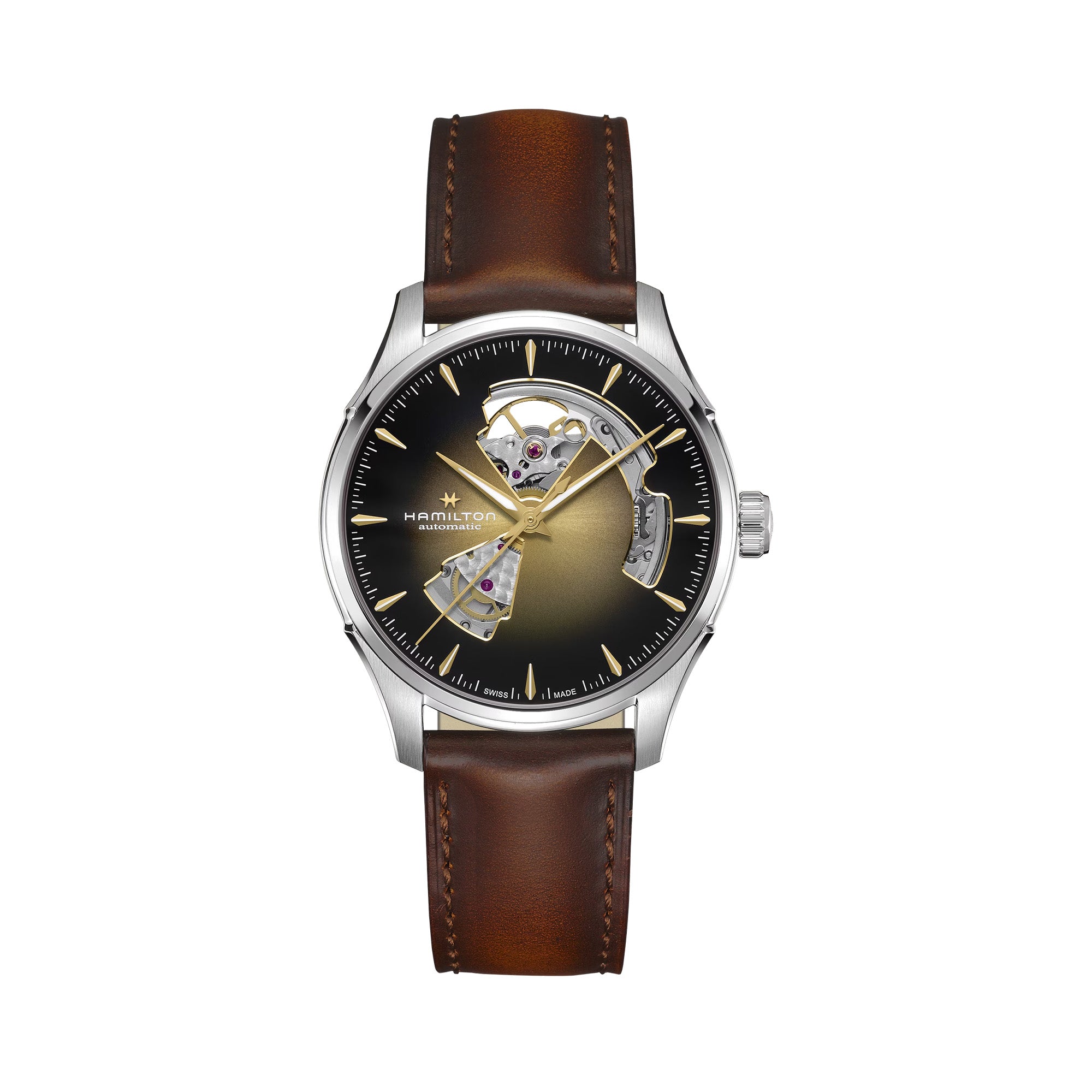 Hamilton H32675501 Jazzmaster Open Heart Watch Showing Exposed H-10 Movement Through Dial
