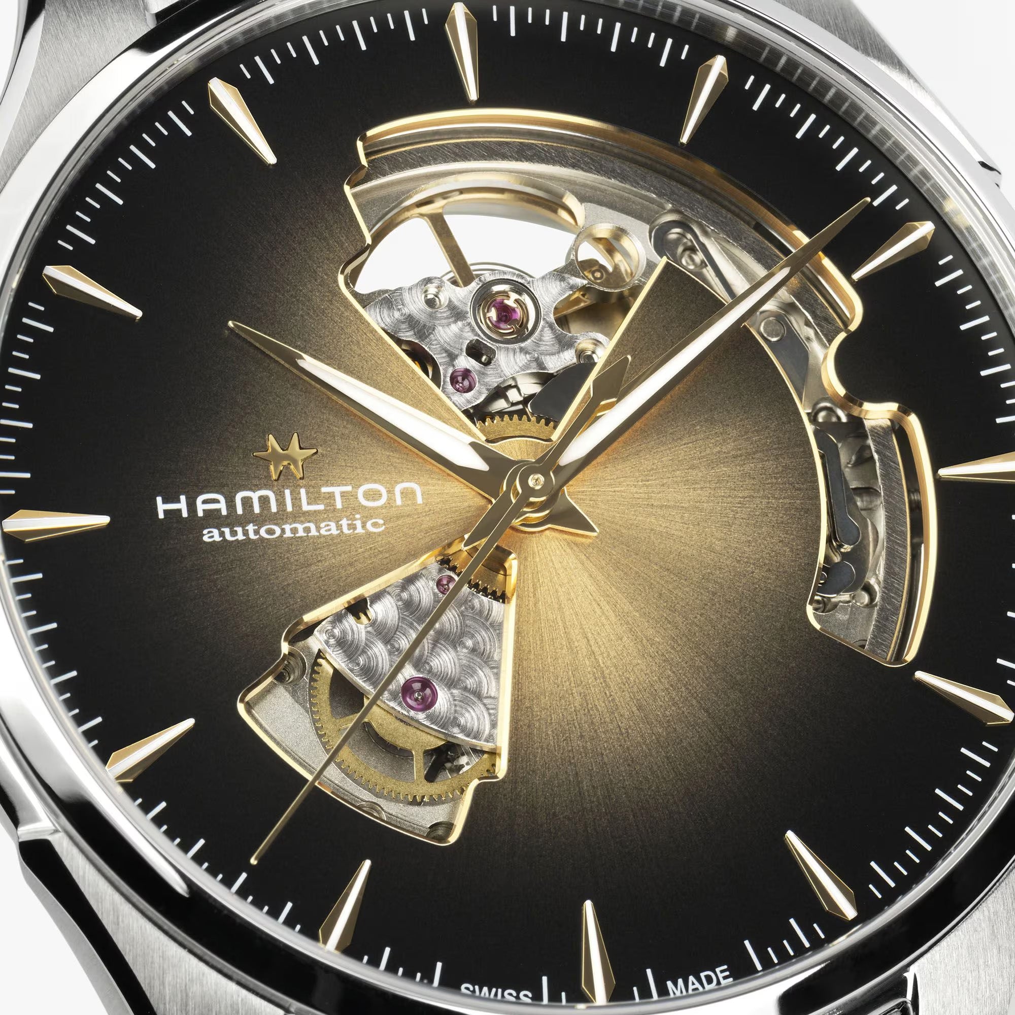 Hamilton watch with open-face design showing mechanical components