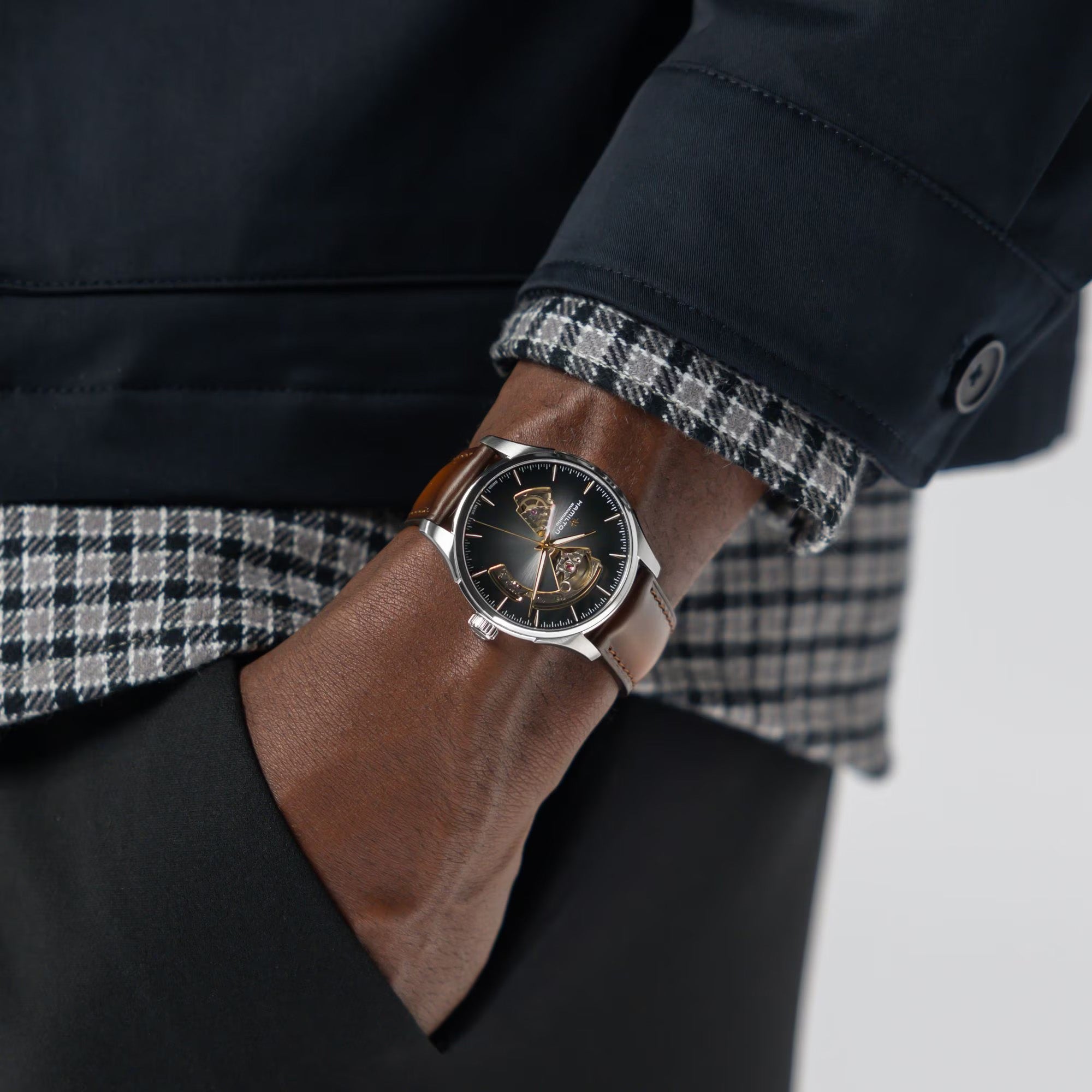 Hamilton Jazzmaster Open Heart Automatic 40mm Watch on Wrist Men's Champagne Dial H32675501